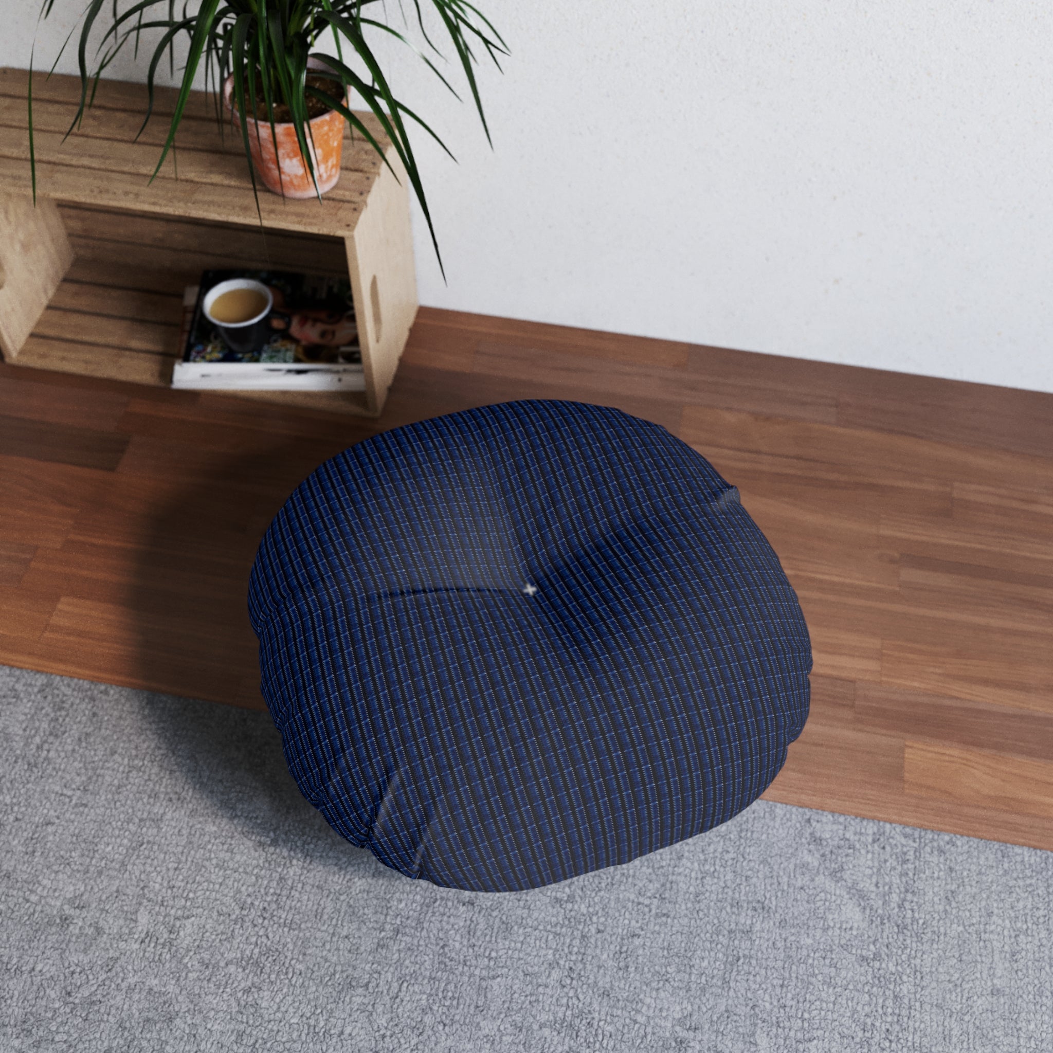 "Mississippi Midnight: Lovely Banjo Blues" Navy Tufted Round Floor Pillow — Cozy Quilted Boho Seating