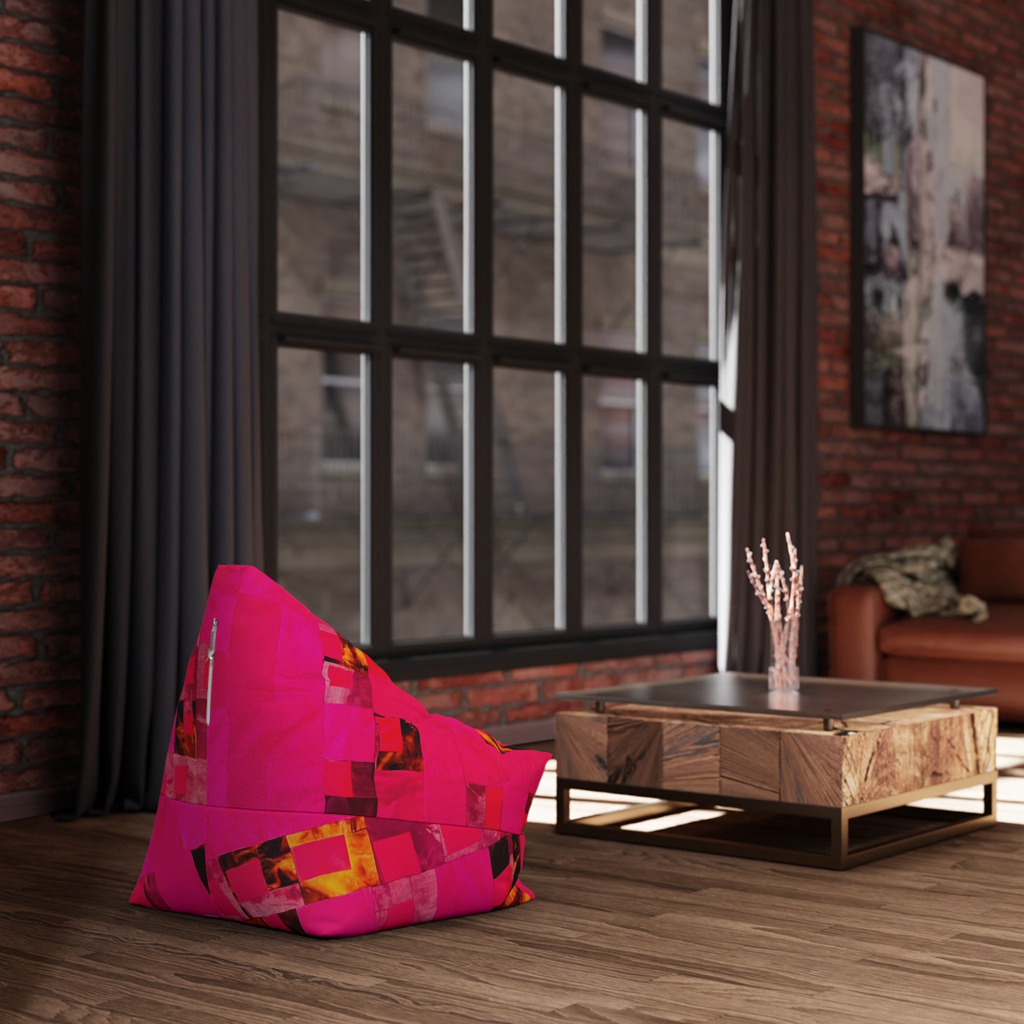 "Lela Lela" Bright Pink Geometric Bean Bag Cover – Modern Abstract Square Pattern