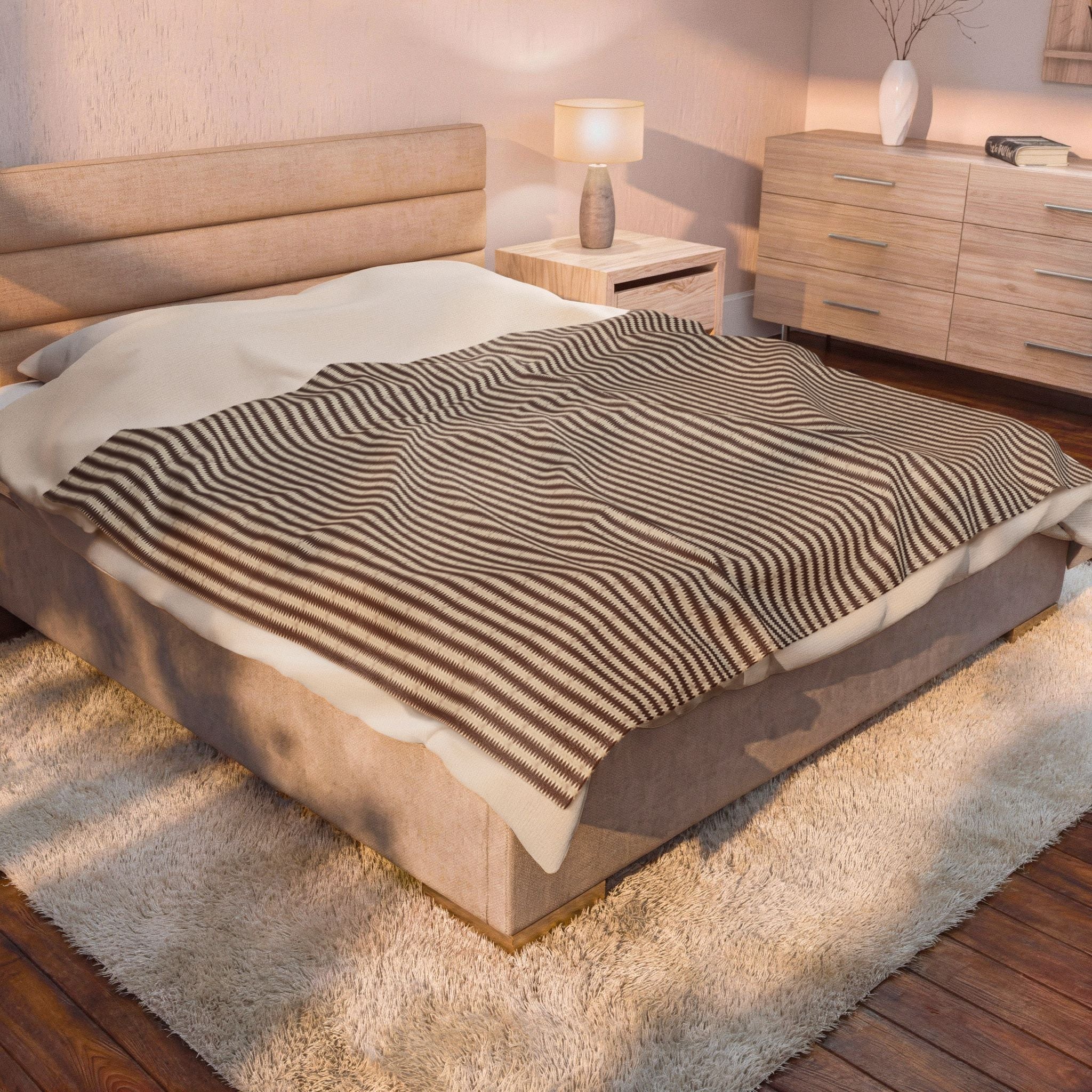 "Mississippi Morning" Brown and Beige Plush Velveteen Throw Blanket — Cozy Striped Neutral Home Blanket