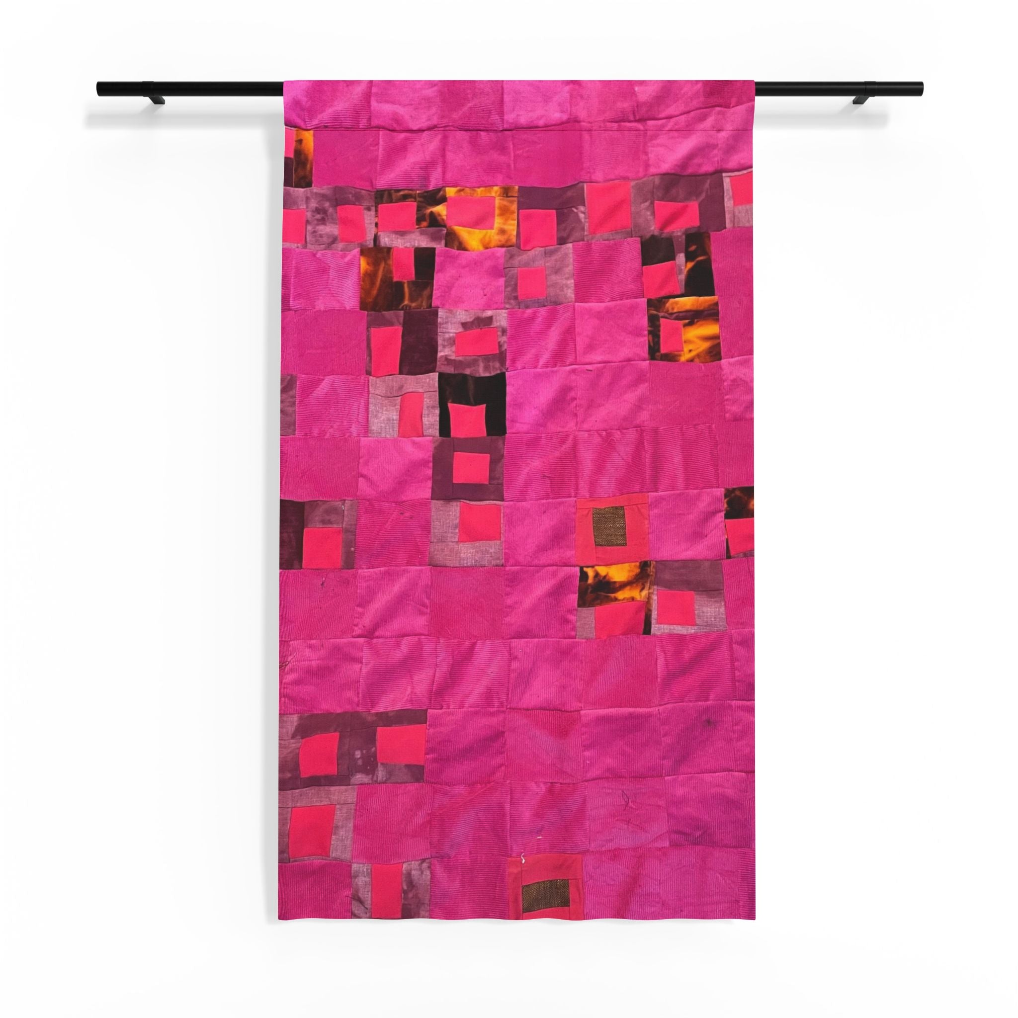 "Lela" Sheer Curtain — Pink Magenta Abstract Quilt Block Patchwork Window Panel