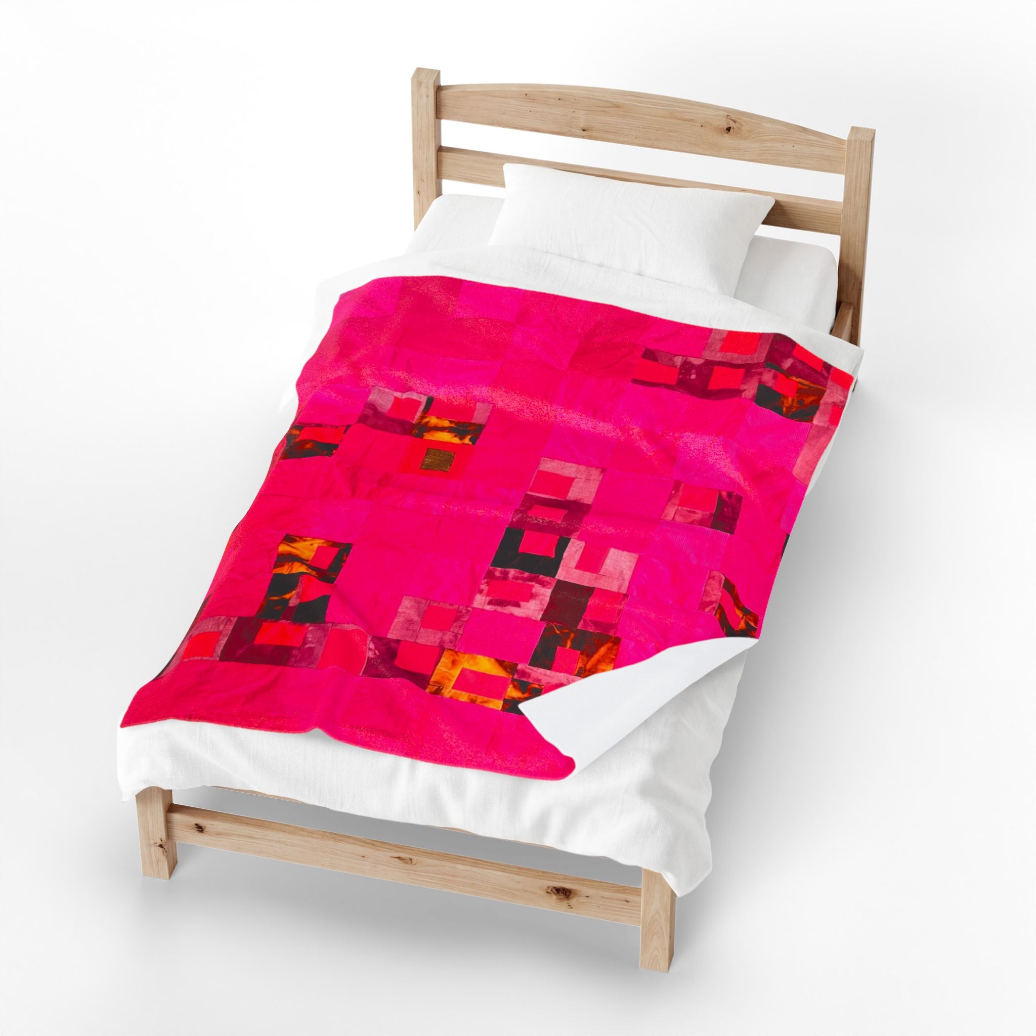 "Lela Lela" Block Quilt Pattern Plush Blanket - Vibrant Pink Abstract Patchwork Velveteen Throw