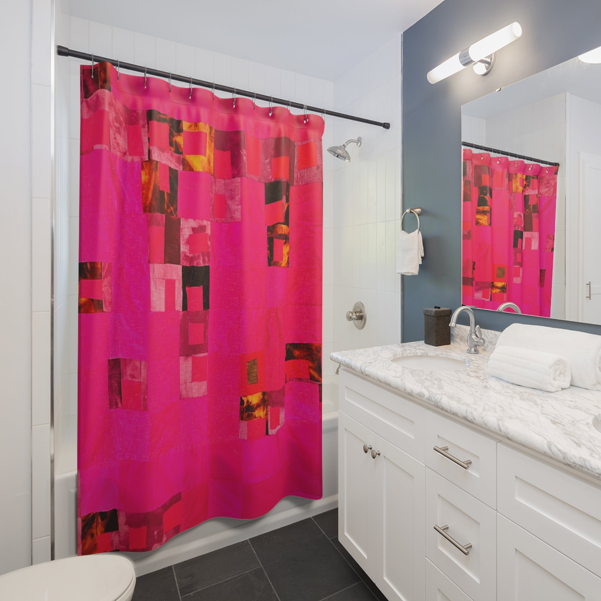 "Lela" Abstract Pink Mosaic Shower Curtain — Bold Modern Bathroom Décor