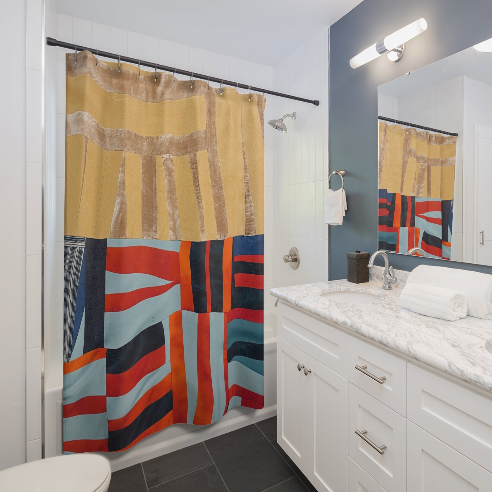 "Hannah and Samuel" Abstract Geometric Shower Curtain — Modern Mid-Century Inspired Bathroom Art