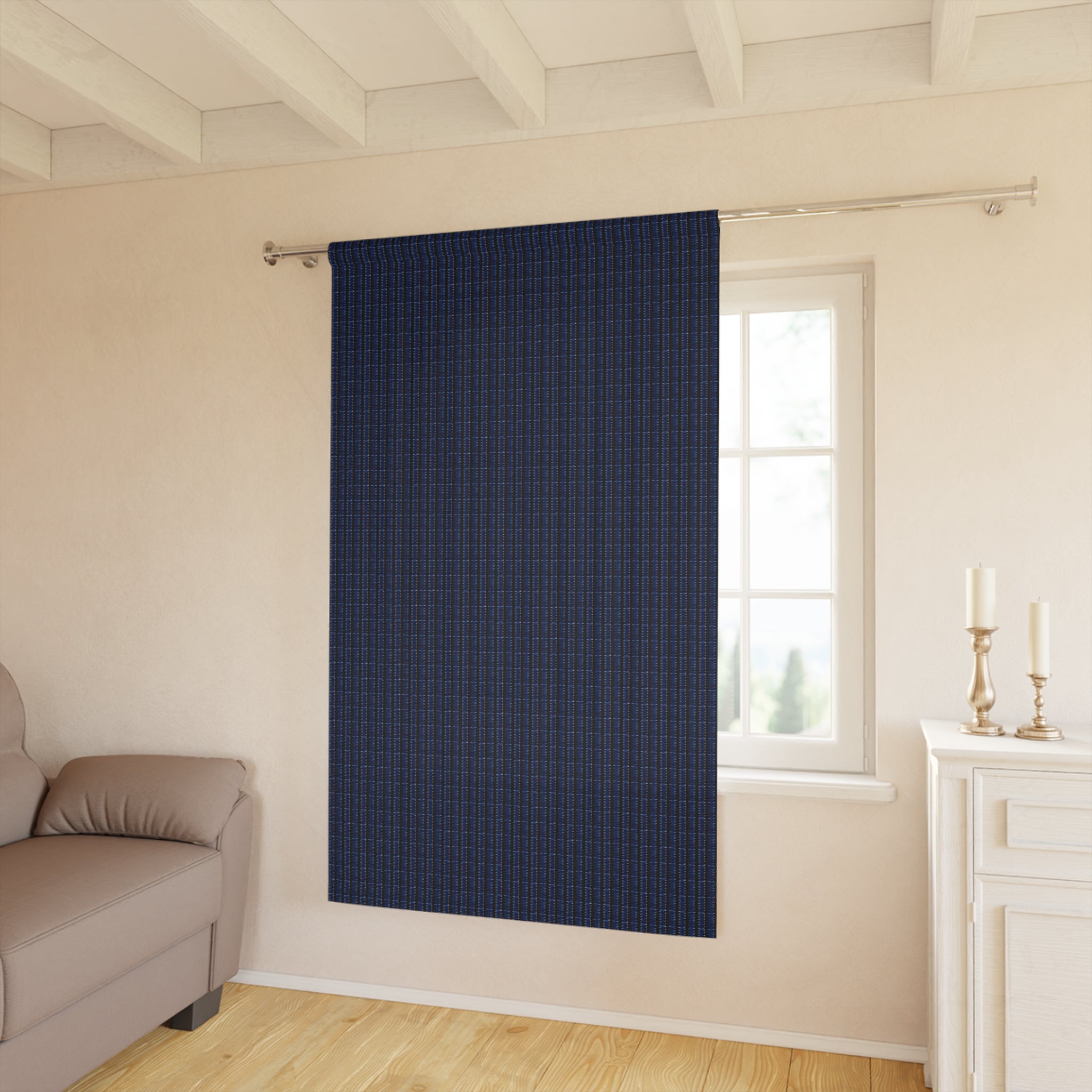 "Mississippi Midnight: Lovely Banjo Blues" Navy Blue and Black Lines - Plaid Window Curtain Panel — Single Dark Blue Gingham Curtain for Living Room, Bedroom, Office