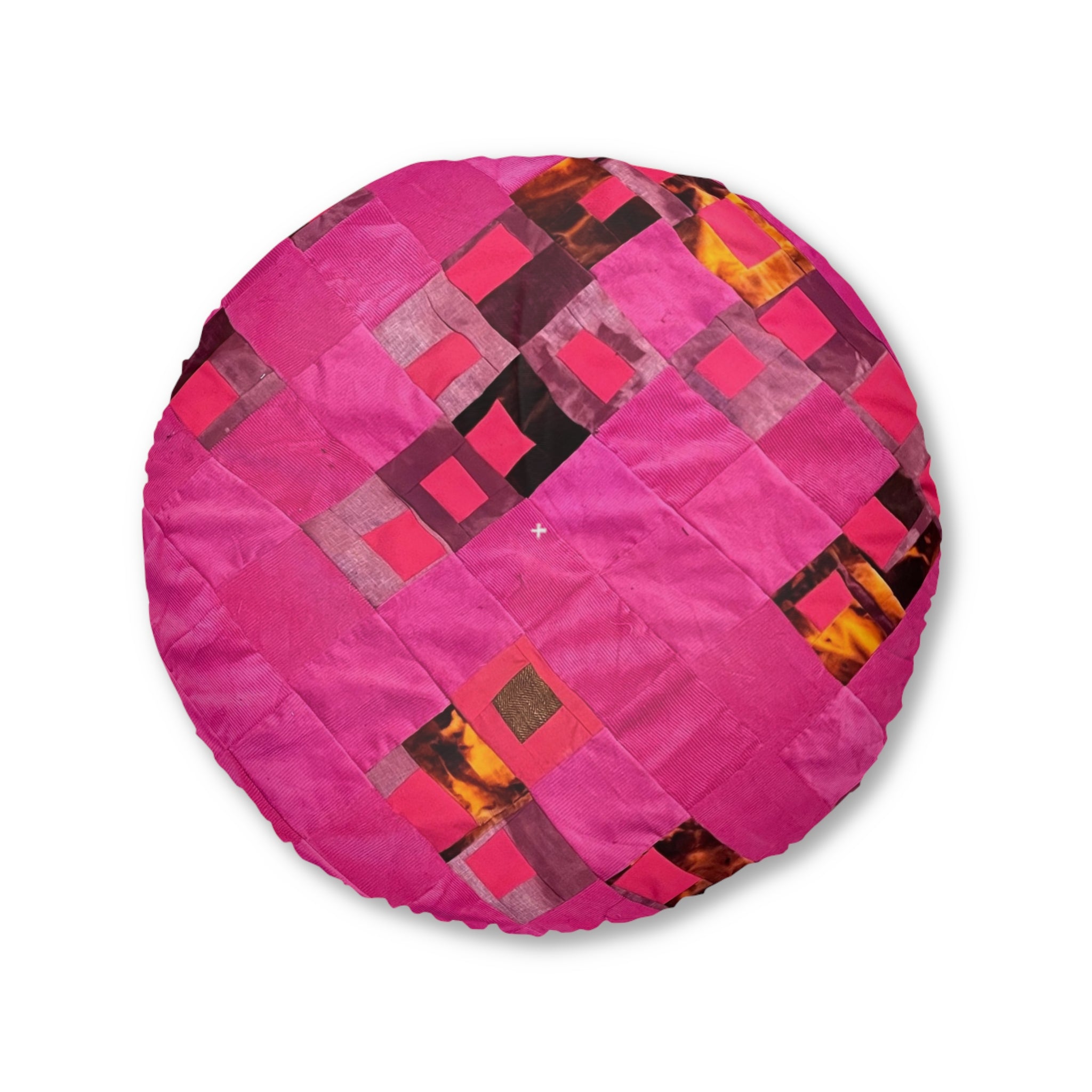 "Lela" Pink Geometric Tufted Floor Pillow — Round Patchwork Accent Cushion