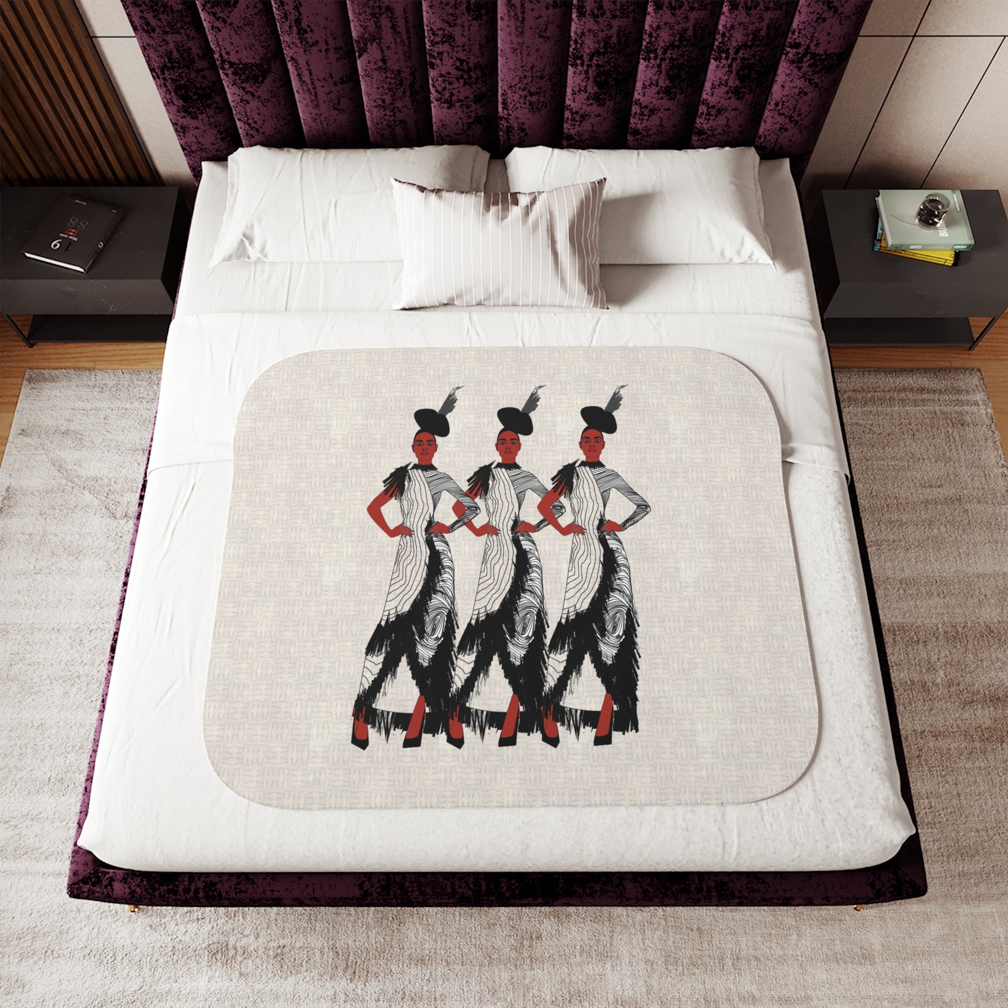 "Fierce Honey" Art Deco Trio Sherpa Blanket — Retro Fashion Illustration Throw