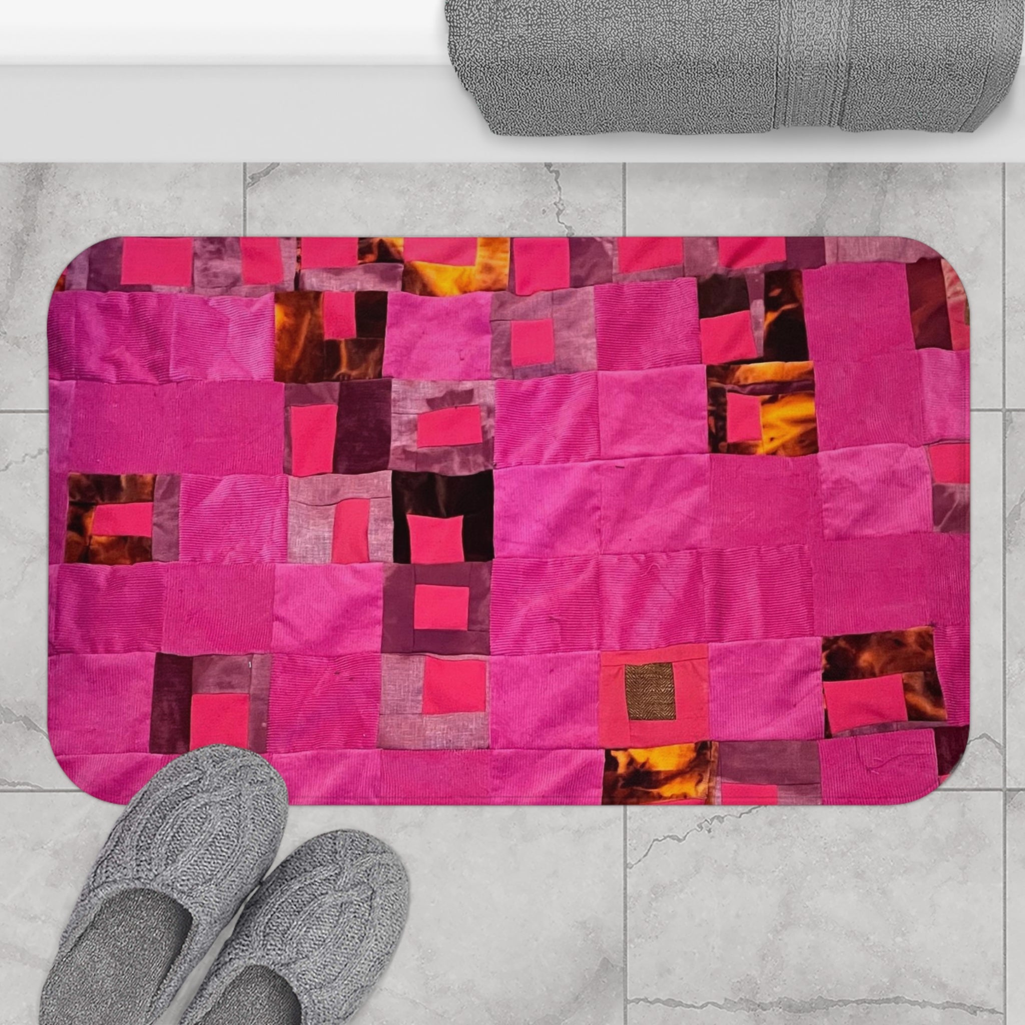 "Lela" Pink Geo Patchwork Bath Mat — Plush Non-Slip Bathroom Rug