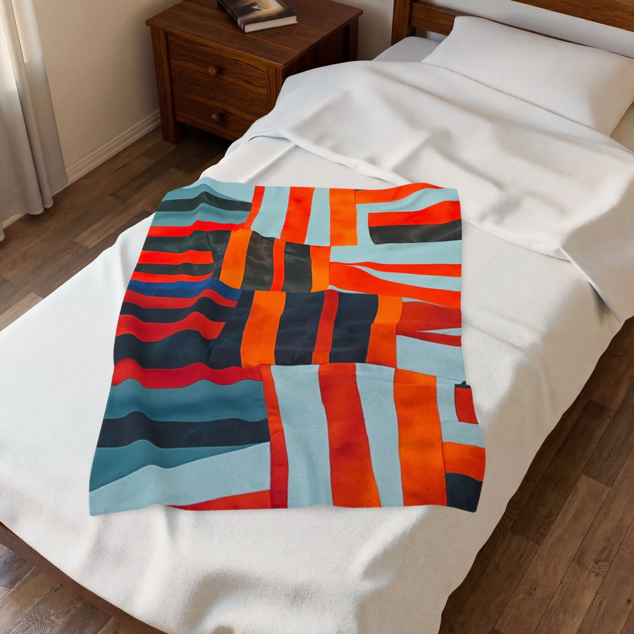 "Samuel" Abstract Geometric Velveteen Plush Blanket – Modern Orange & Blue Throw