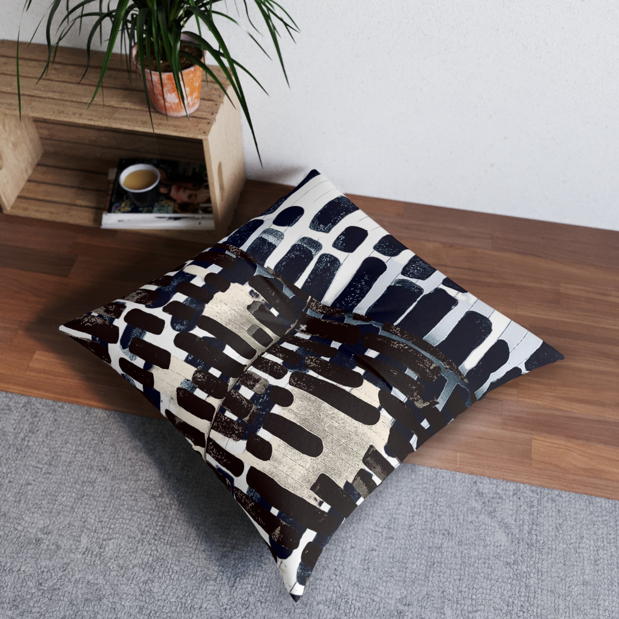 "Only My Notebook Knows How I Feel, My Heart Is On Every Page" Abstract Black & White Brushstroke Floor Pillow — Tufted Square Accent Cushion