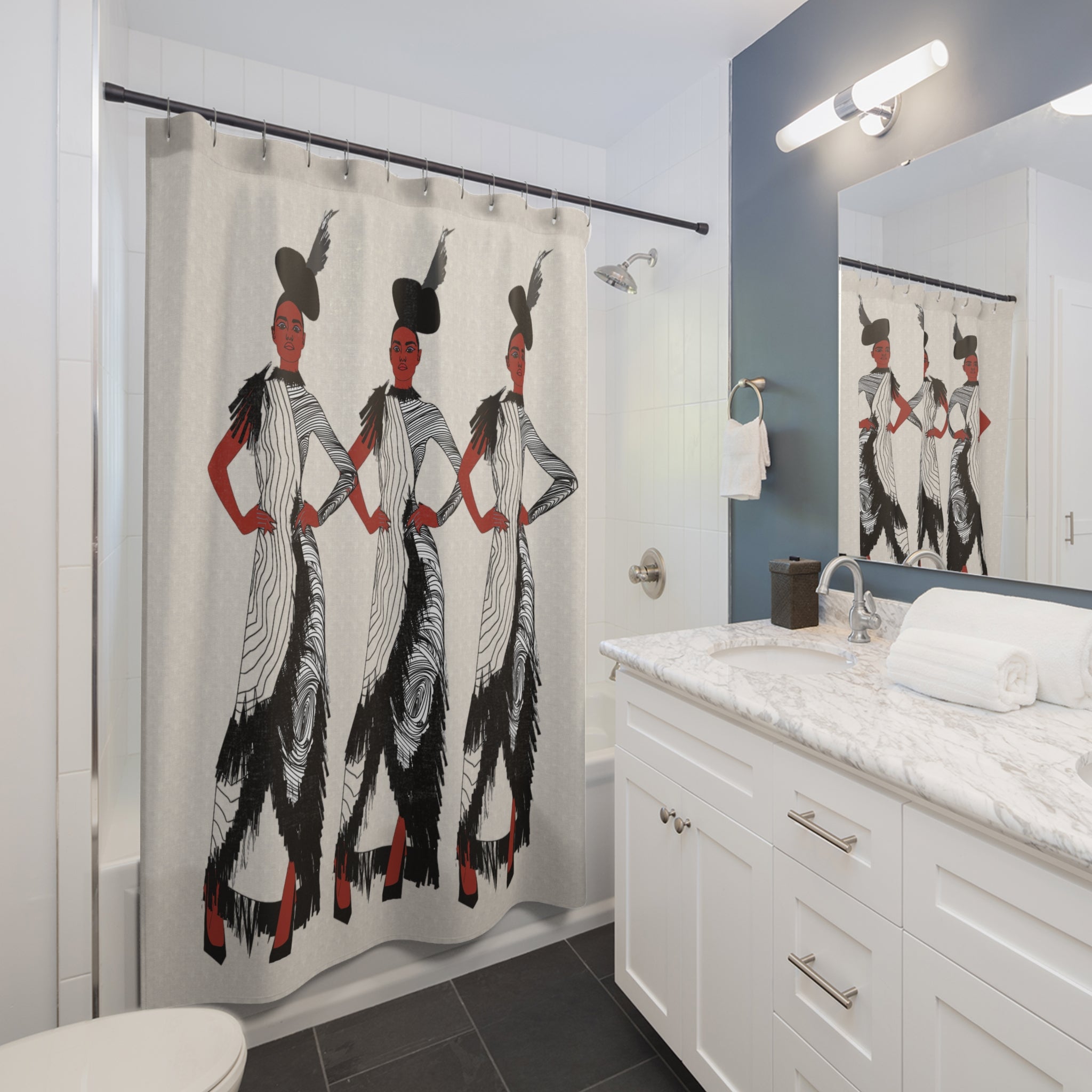 "Fierce Honey" Art Deco Fashion Shower Curtain — Vintage Glamour Mirror-Image Design