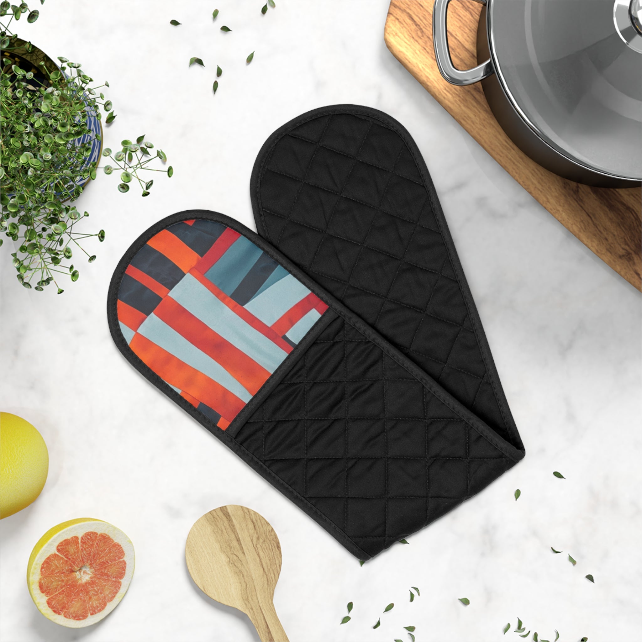 "Samuel" Abstract Stripe Double Oven Mitts — Quilted Heat-Resistant Pot Holders