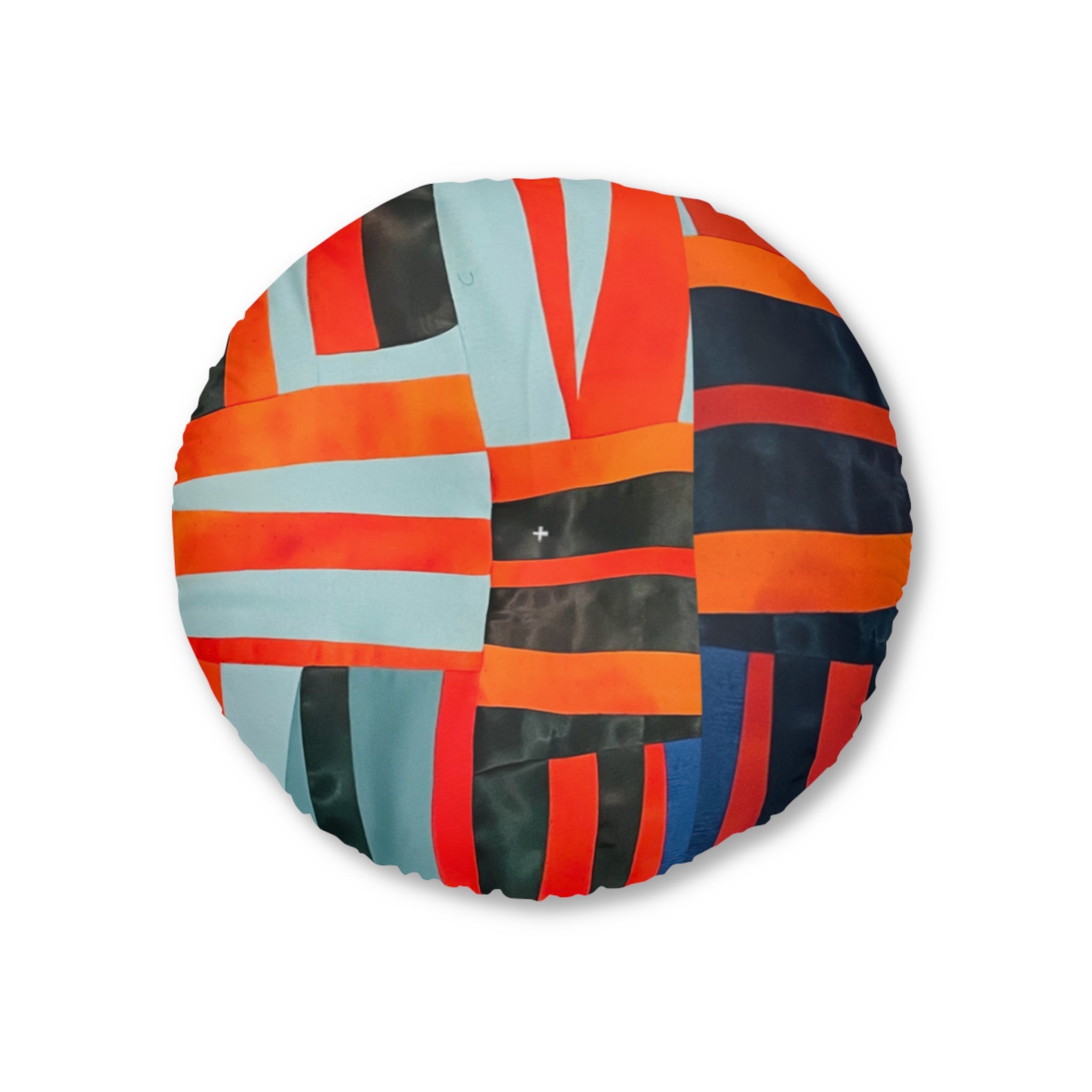 “Samuel” Round Tufted Floor Pillow — Geometric Red & Teal Tribal Pattern
