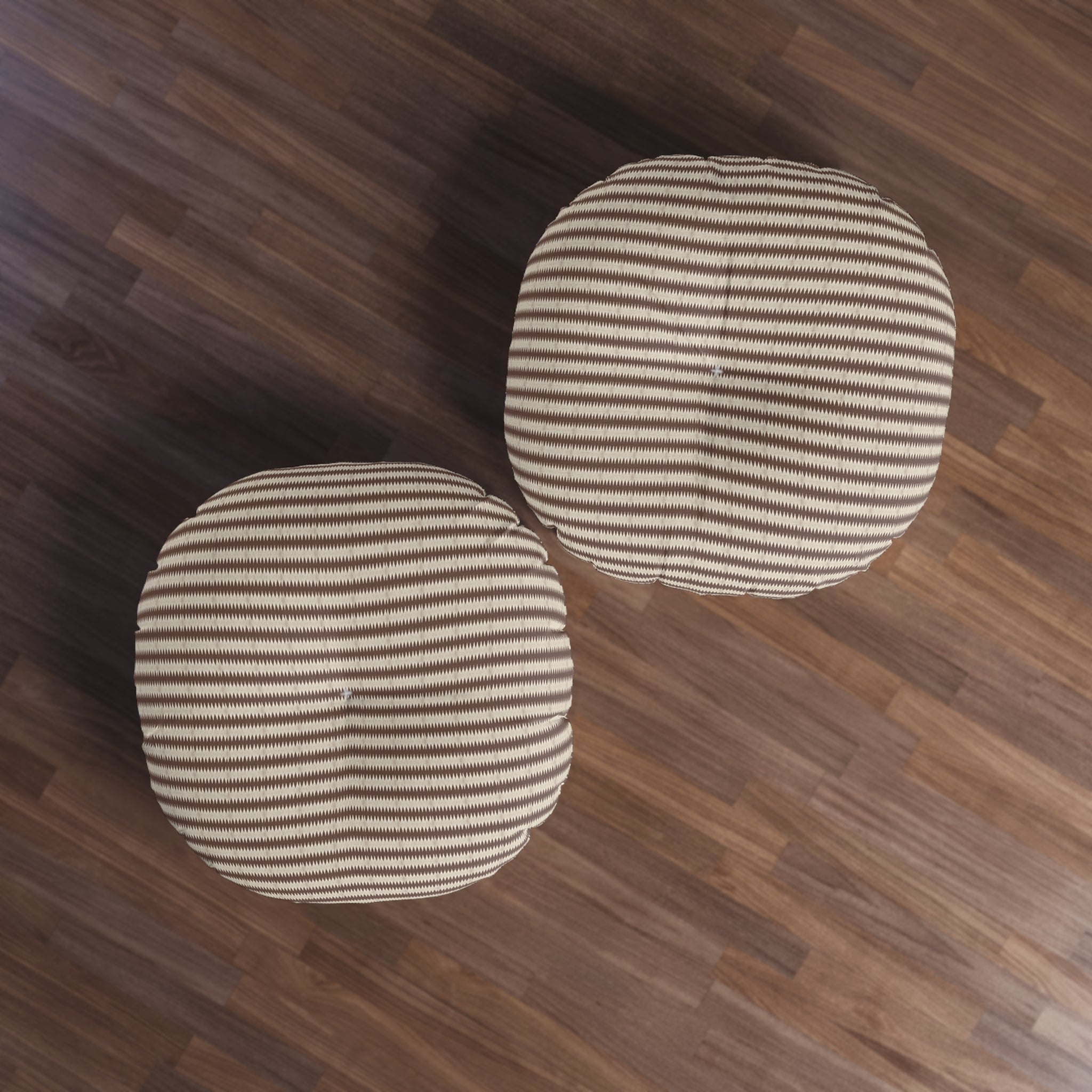 "Mississippi Morning" Burnt Umber and Beige Striped Round Tufted Floor Pillow — Neutral Boho Cushion for Living Room, Nursery & Meditation