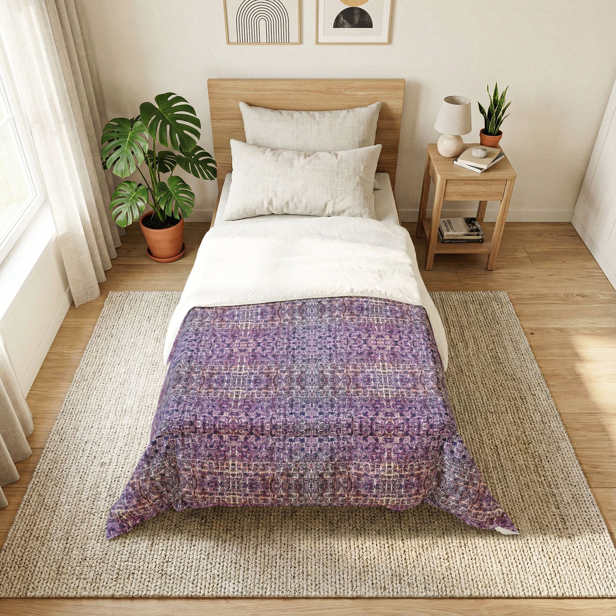 "Pauline, My Love" Purple Mosaic Cotton Comforter – Boho Floral Pattern Bedspread