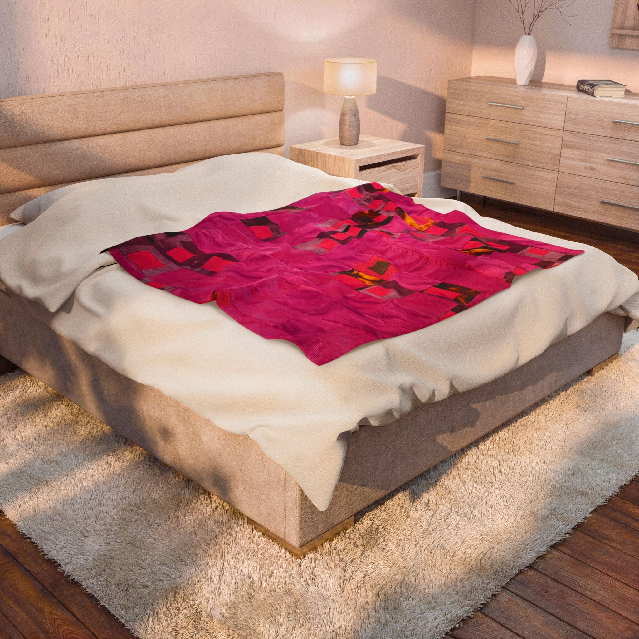 "Lela" Pink Patchwork Velveteen Plush Blanket – Soft Cozy Throw for Living Room, Bedroom & Gifts