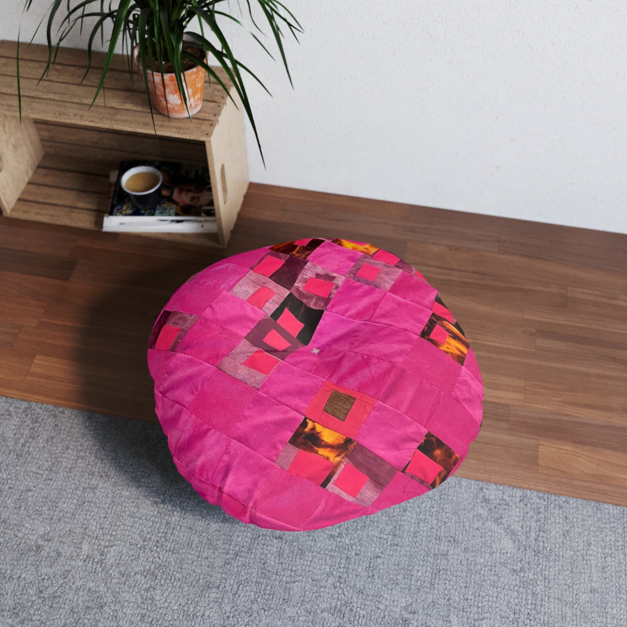 "Lela" Pink Geometric Tufted Floor Pillow — Round Patchwork Accent Cushion