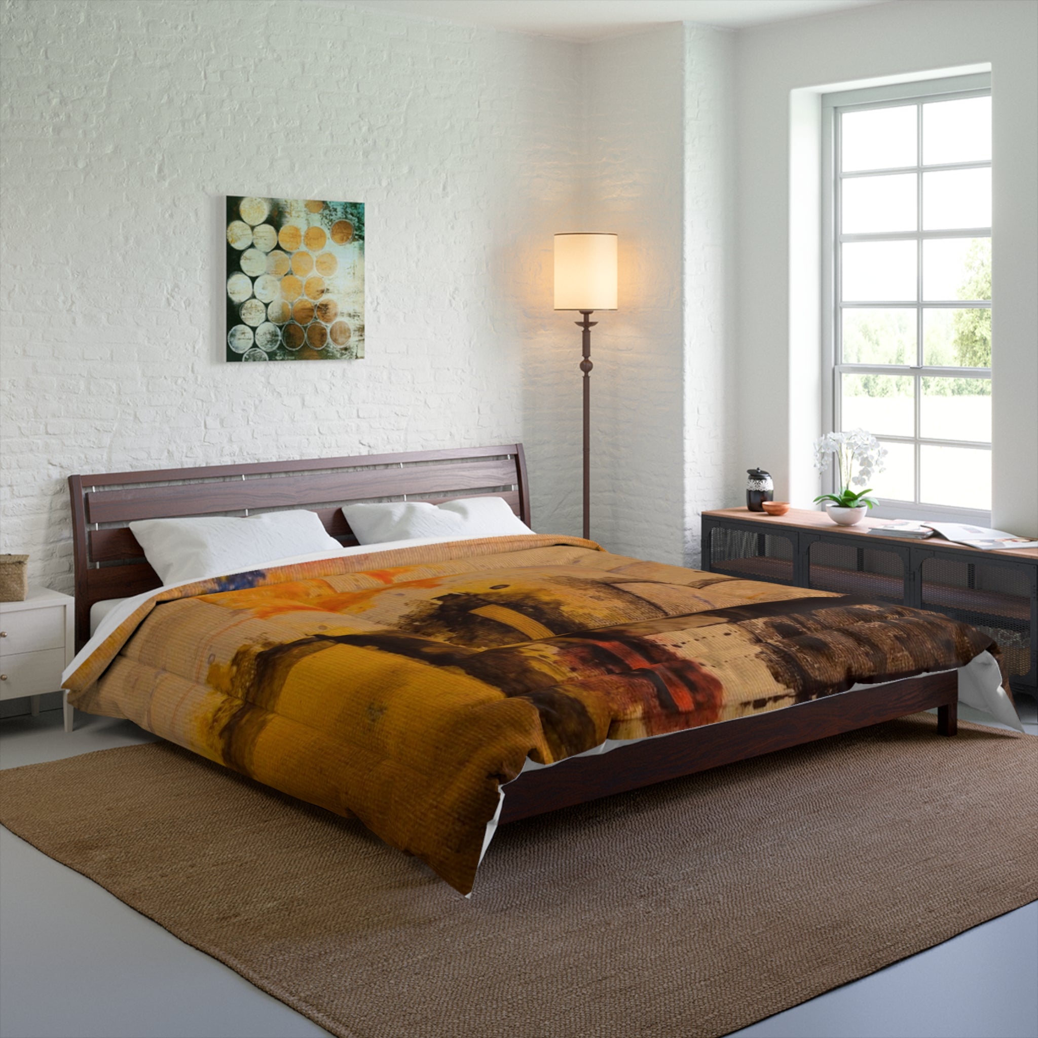 "Dance in the Rain" Abstract Ochre Art Comforter – Warm Yellow Modern Bedding