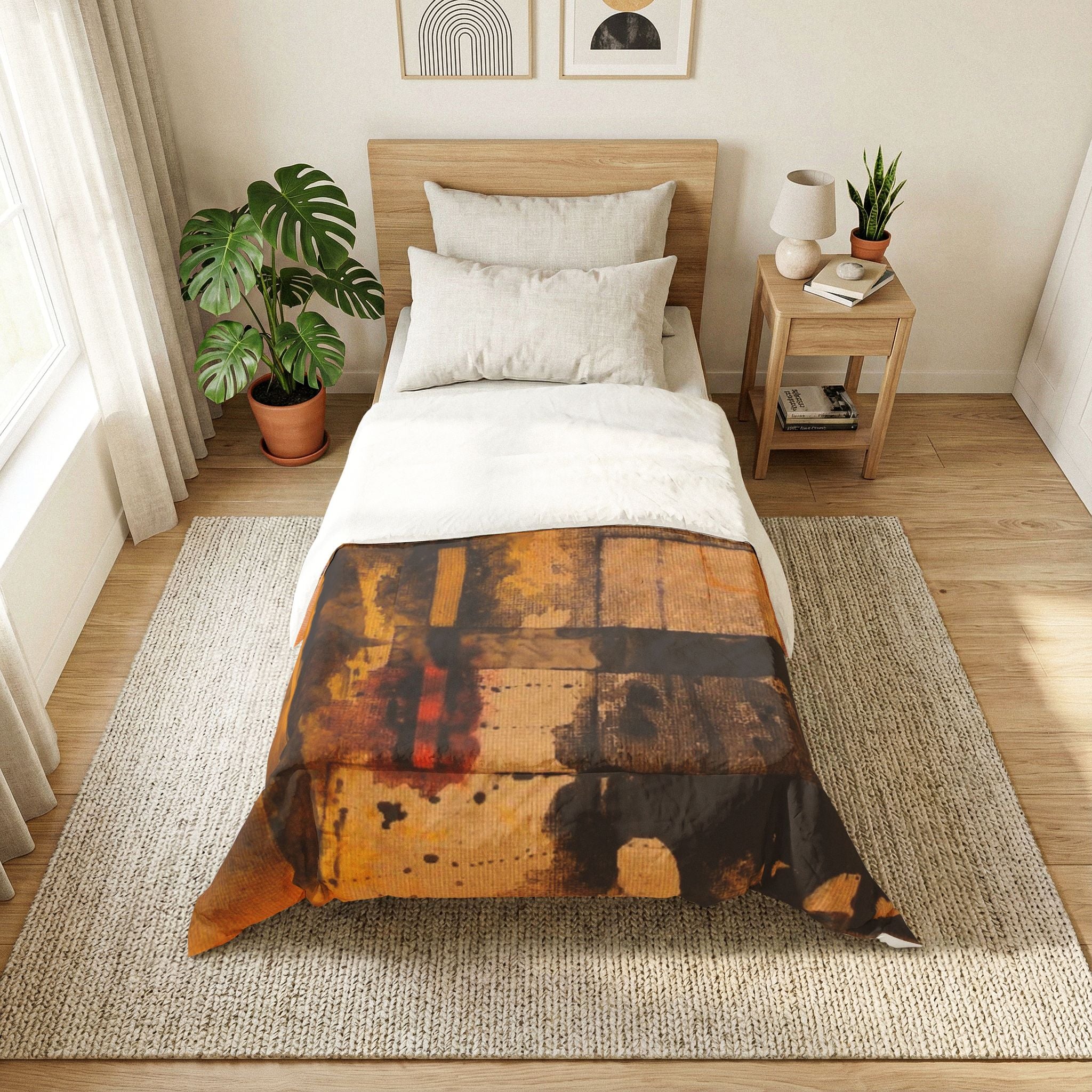 "Dance In The Rain" Abstract Amber Cotton Comforter – Modern Industrial Art Bedding