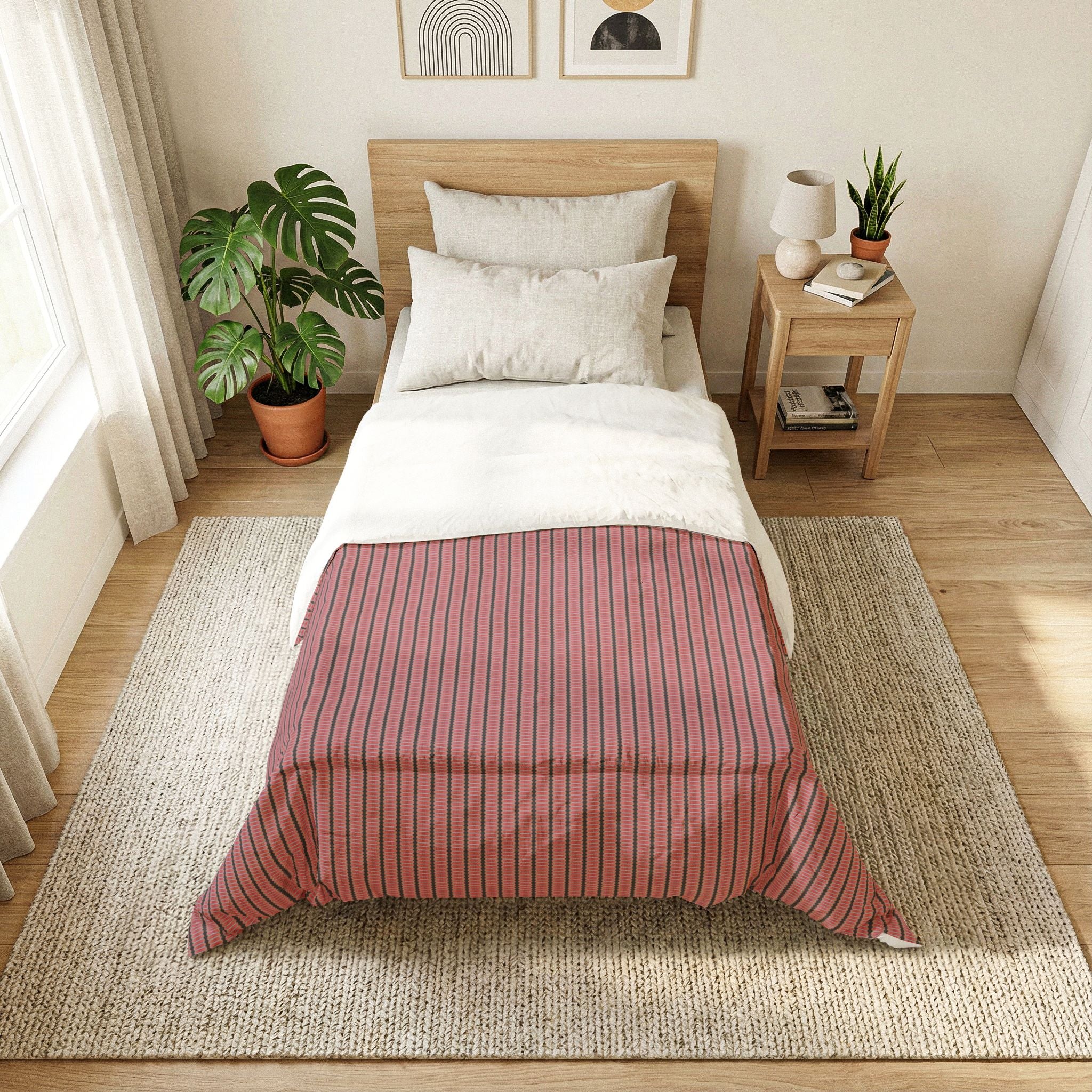 "The Nike of Samothrace" Striped Cotton Comforter — Rose & Charcoal Minimalist Bedding