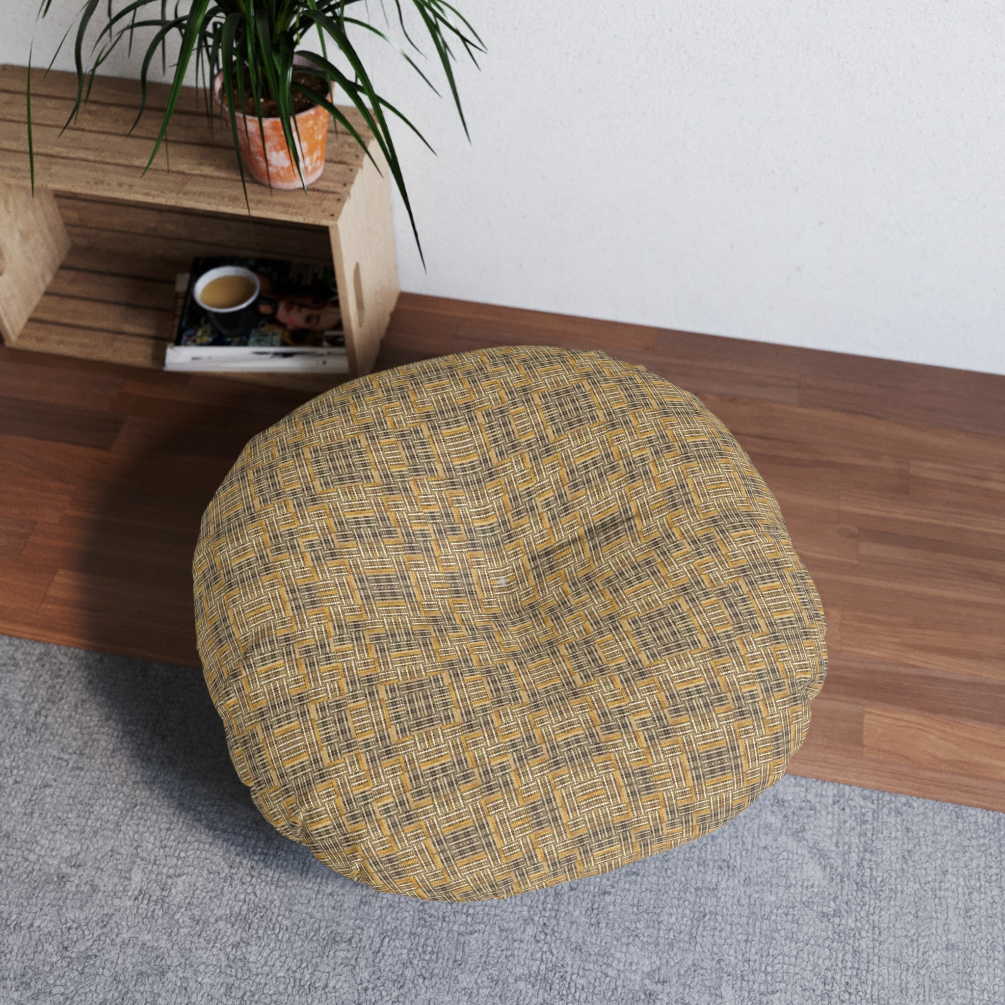 “All Things Fall Apart” Round Tufted Floor Pillow Rustic Plaid Yellow & Brown Boho Cushion