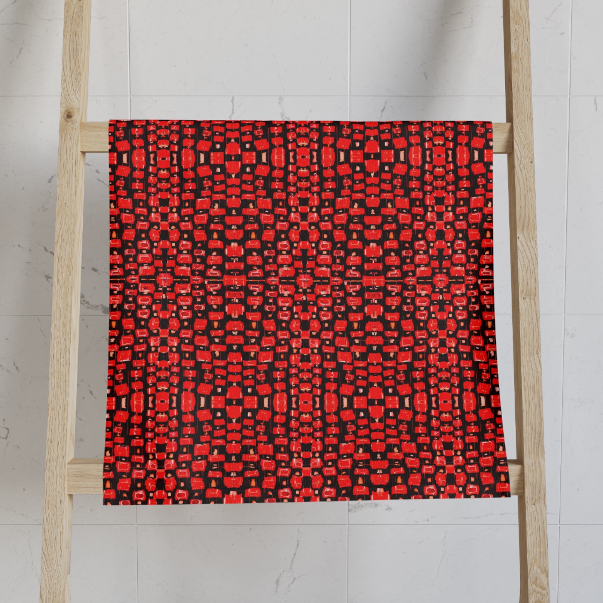 "Japanese Cherry Blossom" Red Geometric Pattern Hand Towel — Modern Decorative Kitchen & Bath Accent
