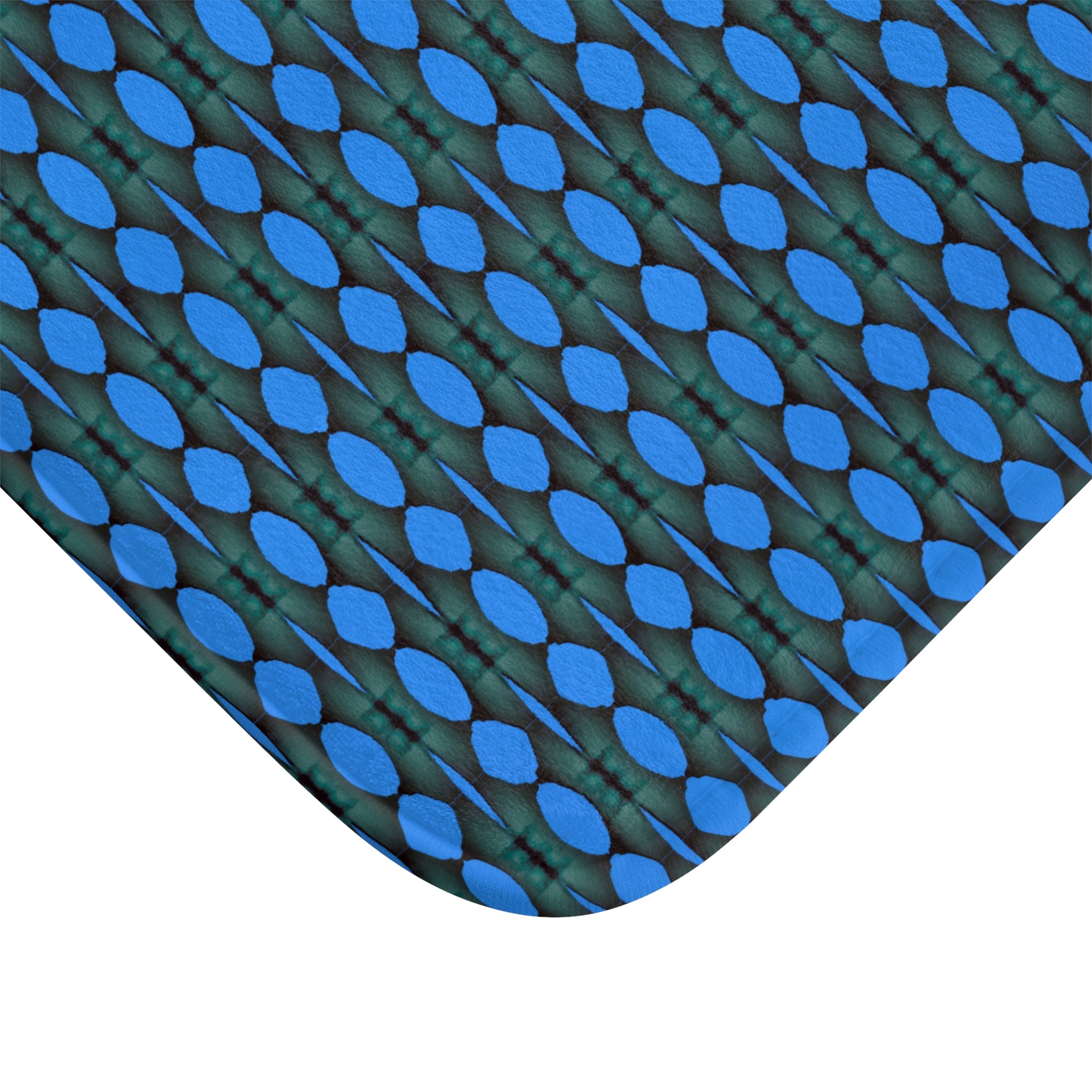 "Where Are We Going?" Blue Teardrop Mosaic Bath Mat – Non-Slip Patterned Bathroom Rug