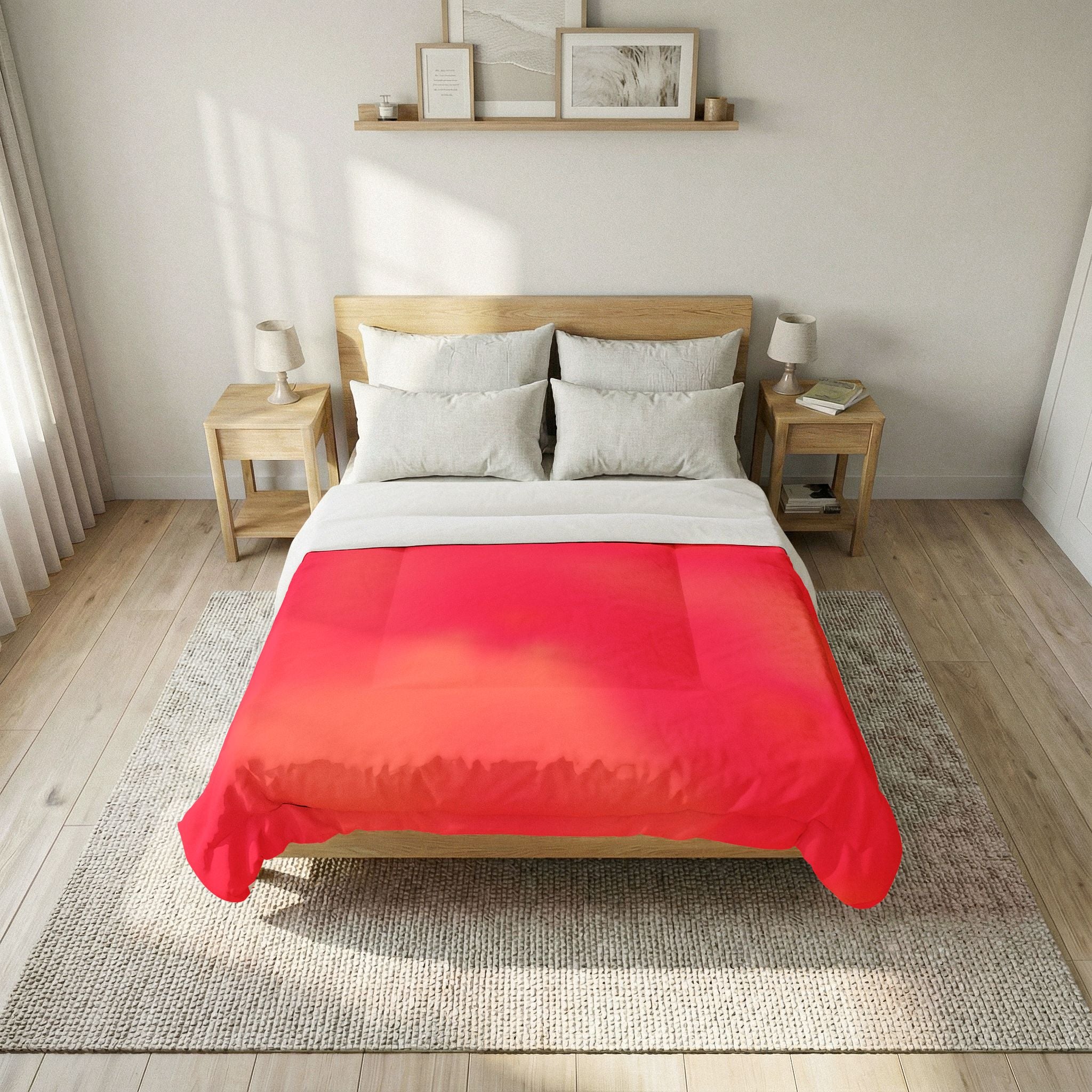 "The Skies Will Break For You, My Friend" Cotton Comforter — Coral Ombre Cotton Comforter (Bright Red to Peach Gradient)