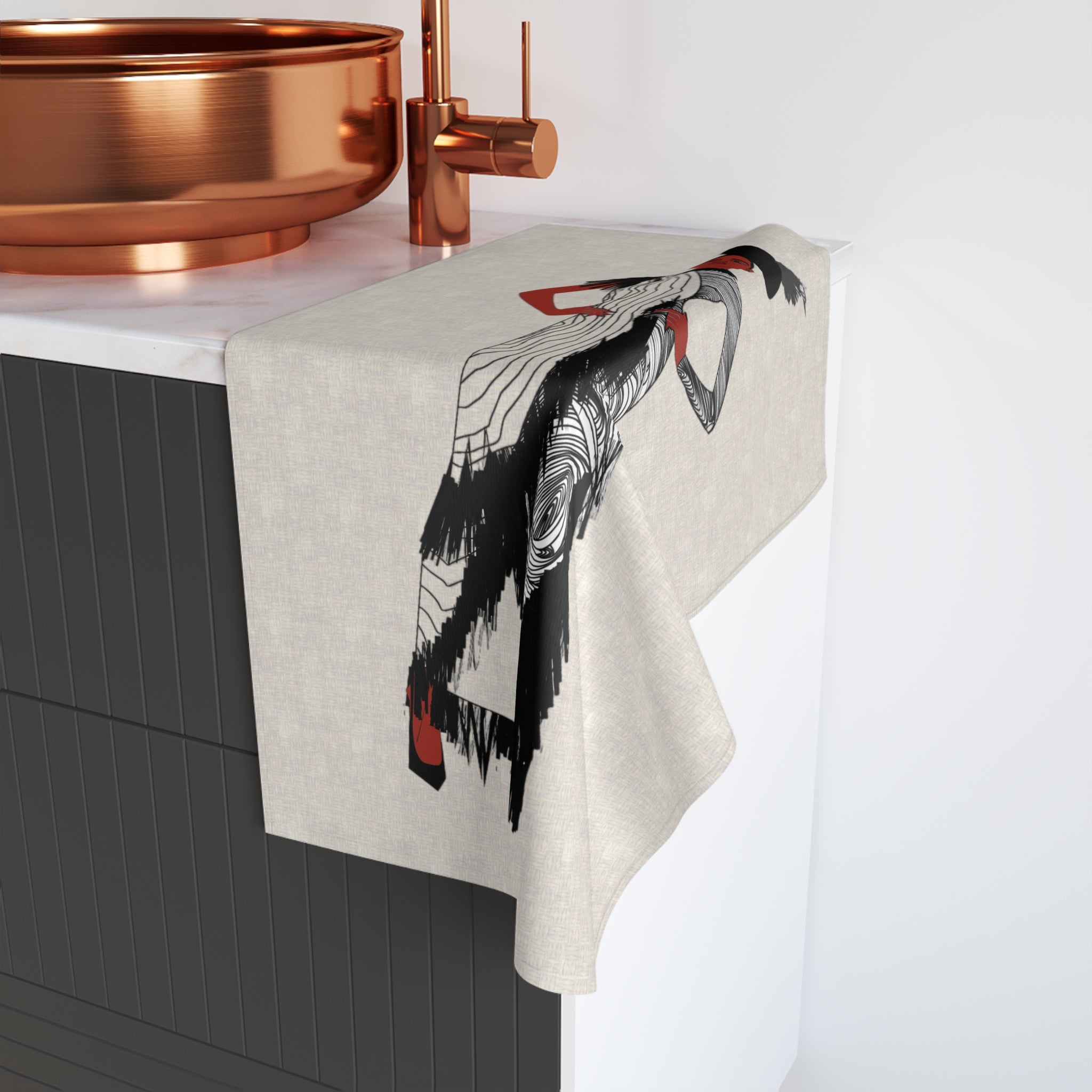 "Fierce Honey" Fashion Illustration Hand Towel – Red & Black Avant-Garde Model Design