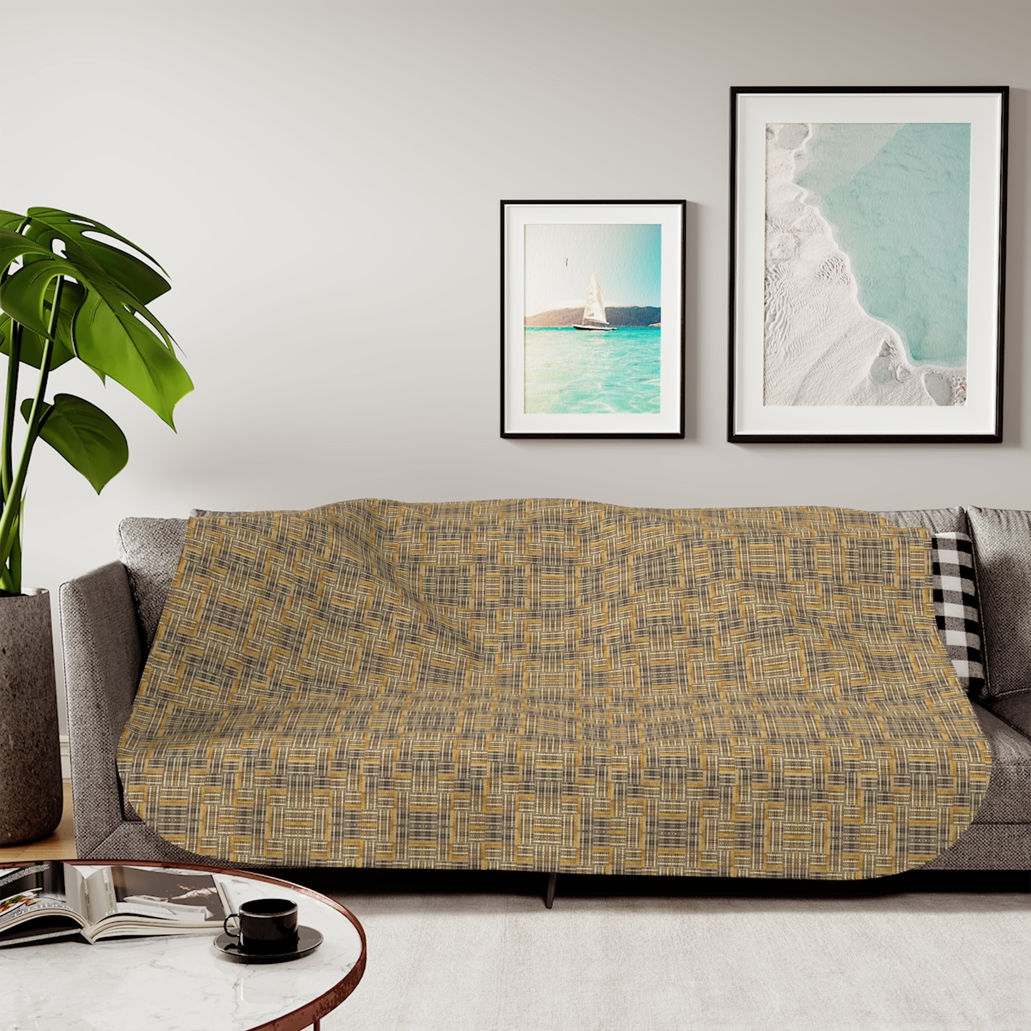 "All Things Fall Apart" Cozy Neutral Sherpa Blanket – Reversible Beige Plaid & Faux-Sherpa Throw