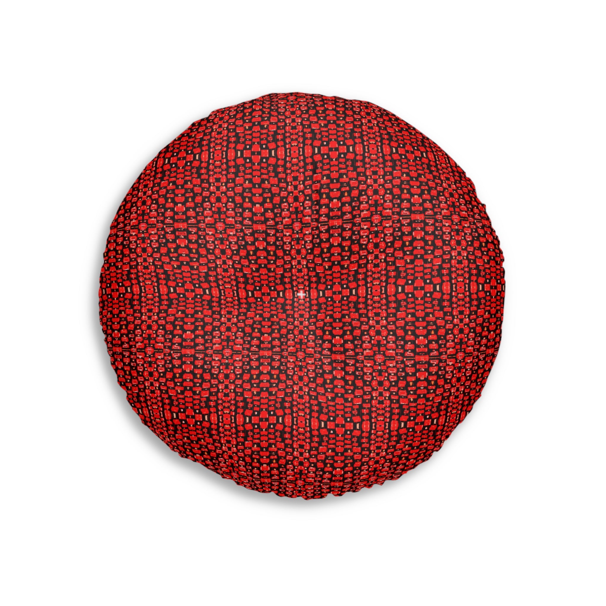 "Japanese Cherry Blossom" Red Woven Round Tufted Floor Pillow — Cozy Boho Accent Cushion