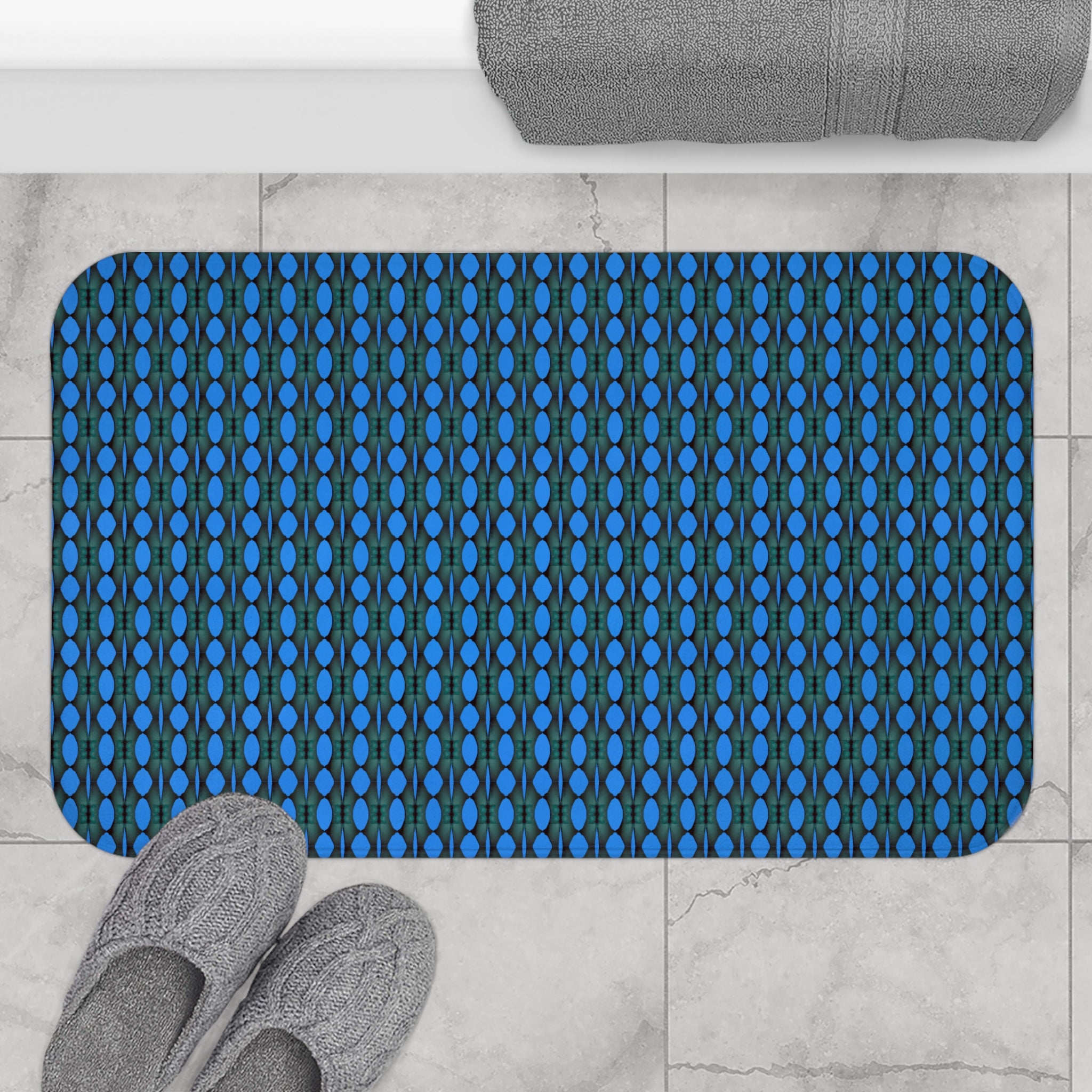 "Where Are We Going?" Blue Teardrop Mosaic Bath Mat – Non-Slip Patterned Bathroom Rug