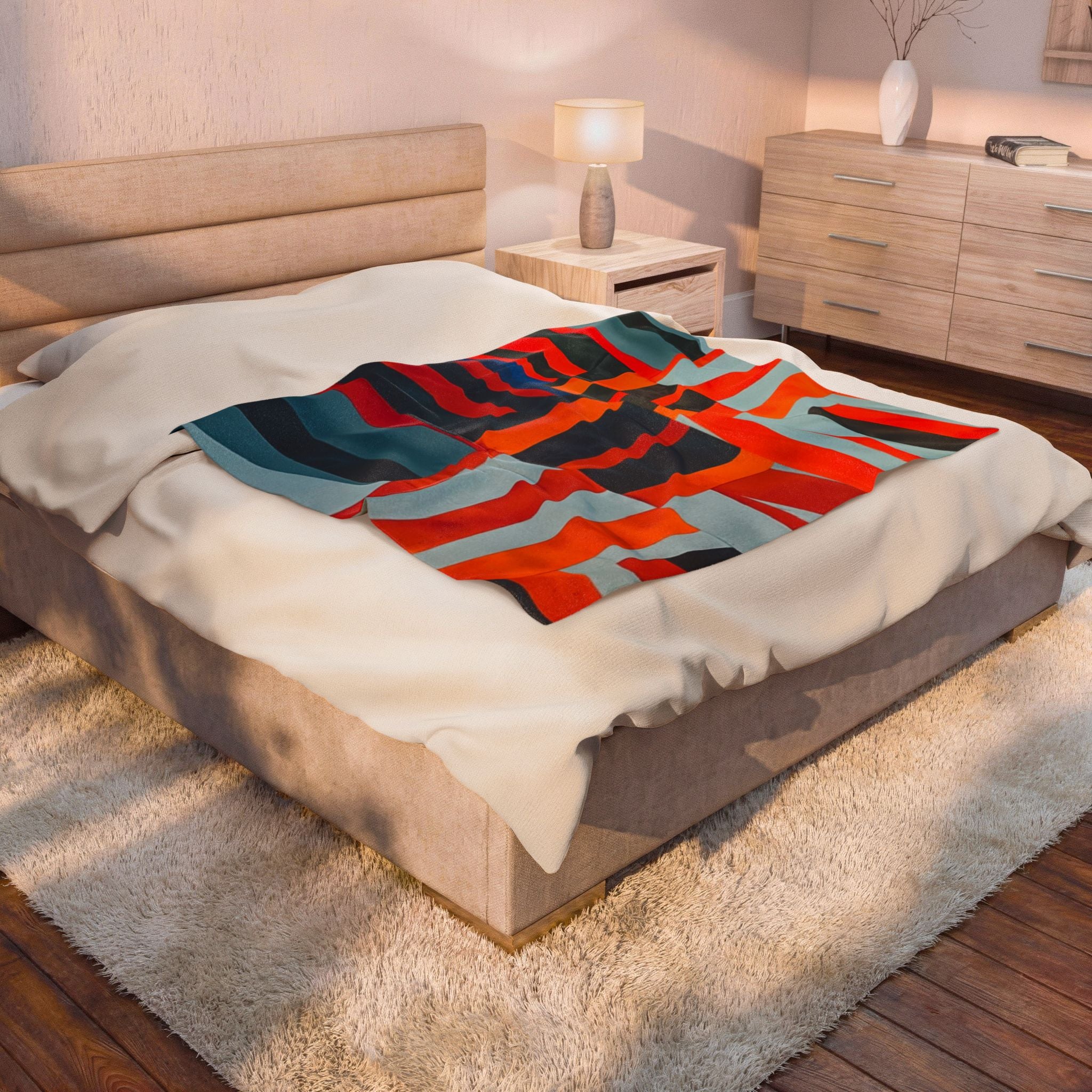 "Samuel" Abstract Geometric Velveteen Plush Blanket – Modern Orange & Blue Throw