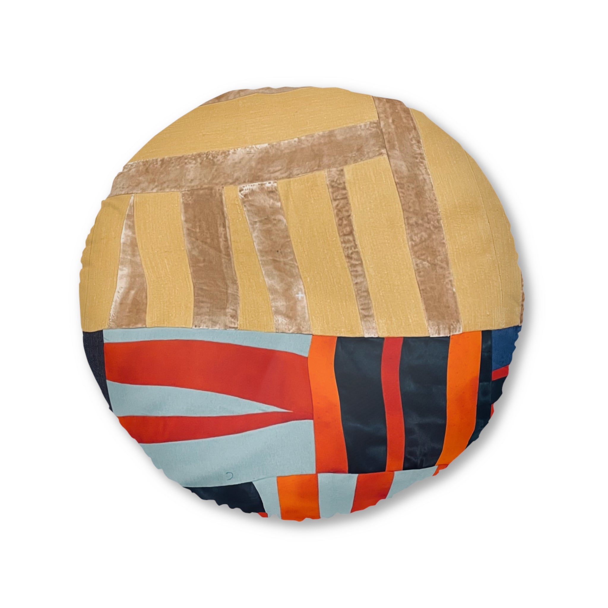 "Hannah and Samuel" Round Tufted Floor Pillow — Retro Geometric Patchwork Cushion