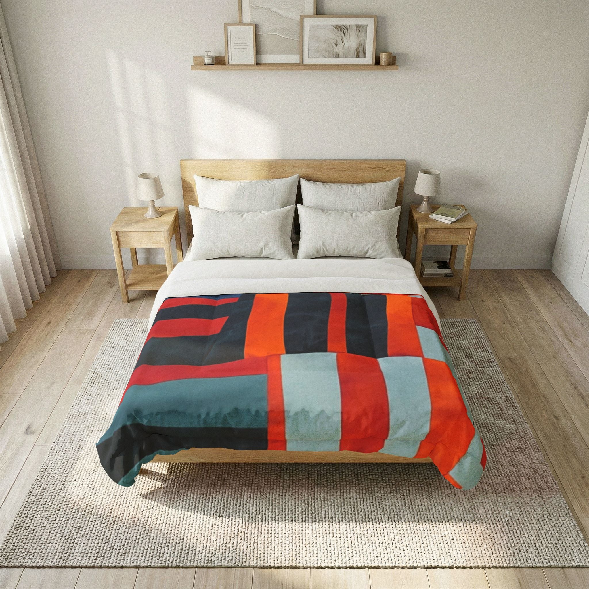 "Samuel" Abstract Geometric Cotton Comforter — Modern Red, Orange & Teal Bedspread