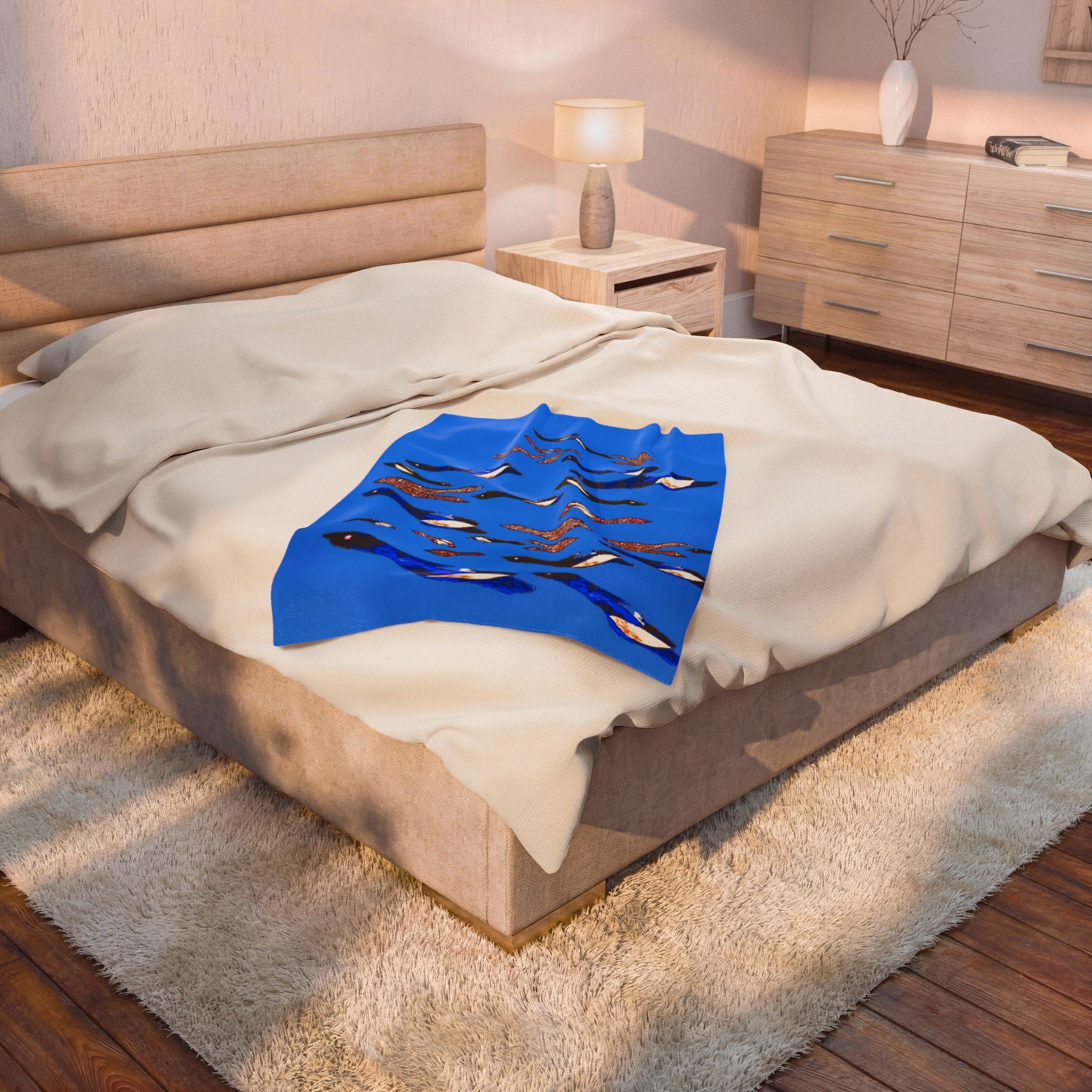 "Fly Me to the Moon" Cerulean Birdies - Flock Plush Blanket — Velveteen Throw