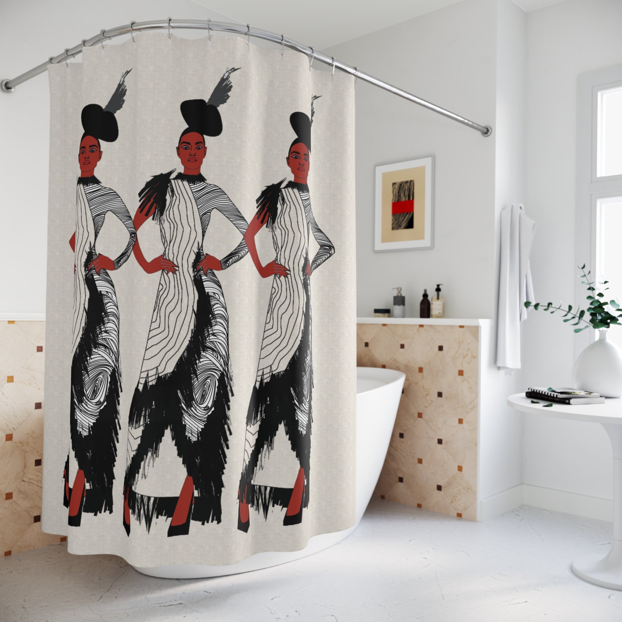 "Fierce Honey" Art Deco Fashion Shower Curtain — Vintage Glamour Mirror-Image Design