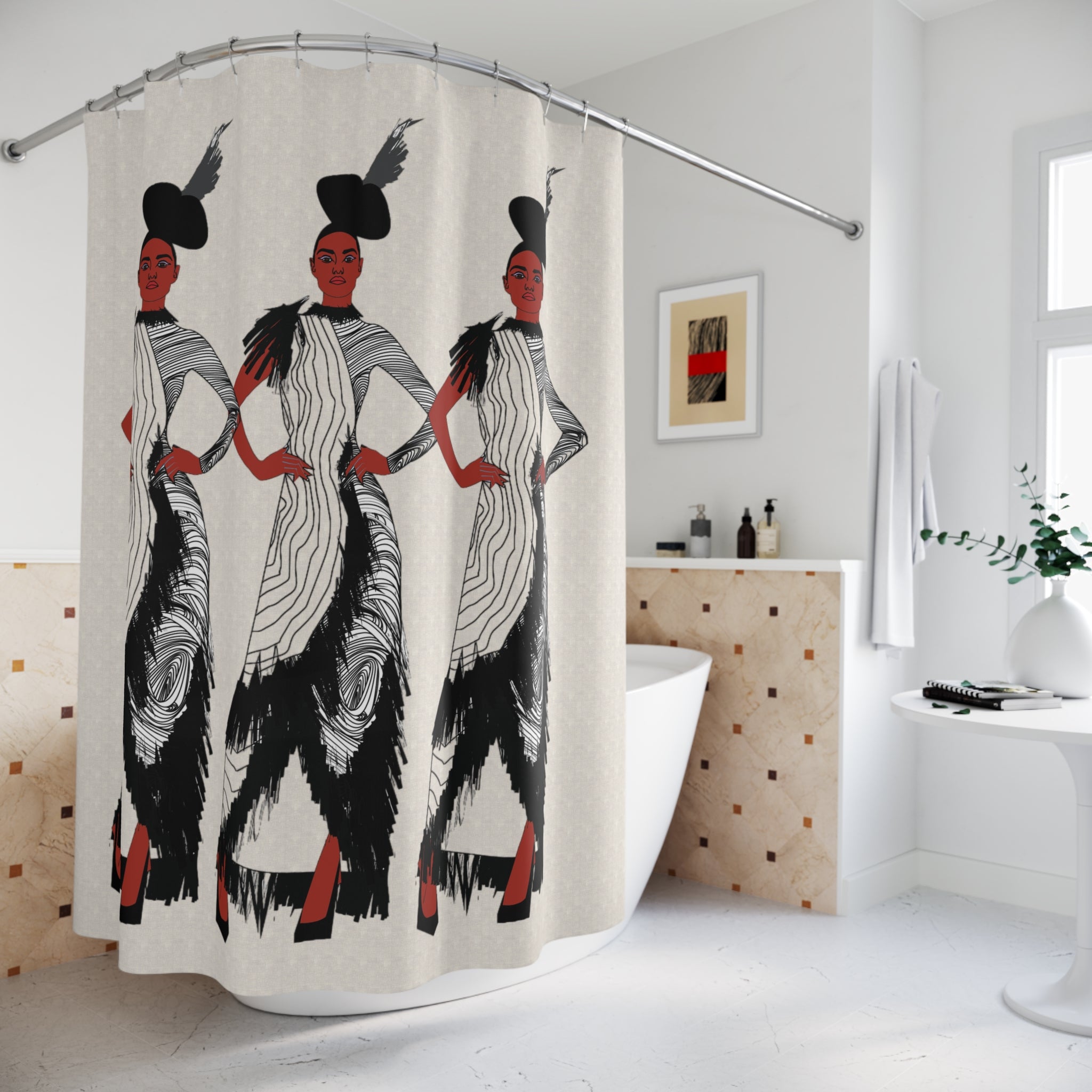 "Fierce Honey" Art Deco Fashion Shower Curtain — Vintage Glamour Mirror-Image Design
