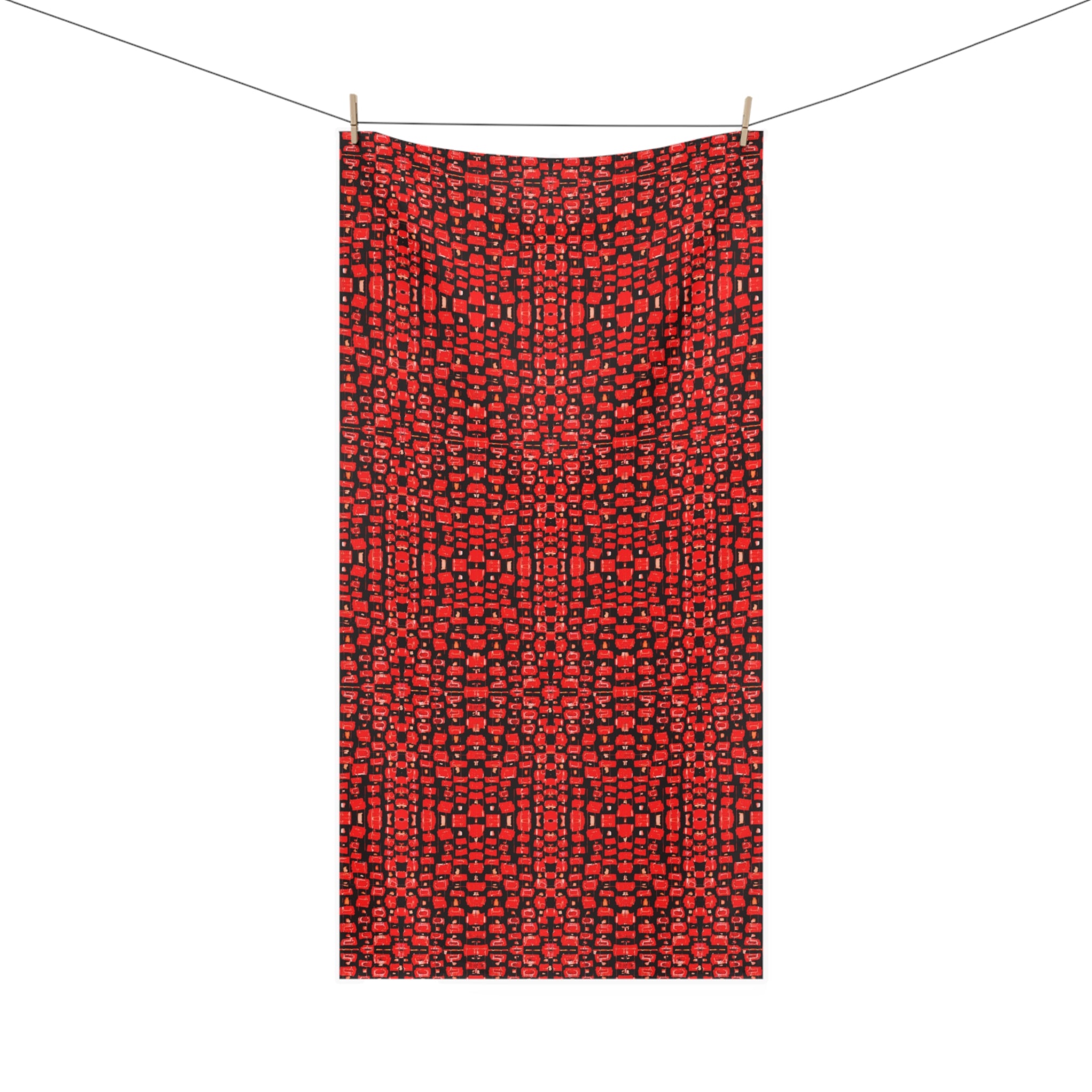 "Japanese Cherry Blossom" Towel — Red Geometric Mosaic Pattern