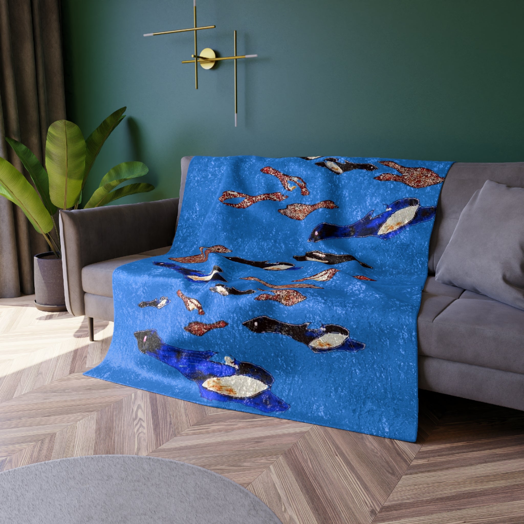 "Fly Me to the Moon" Royal Blue and Brown Birds Flying in Cerulean Blue Skies Crushed Velvet Blanket
