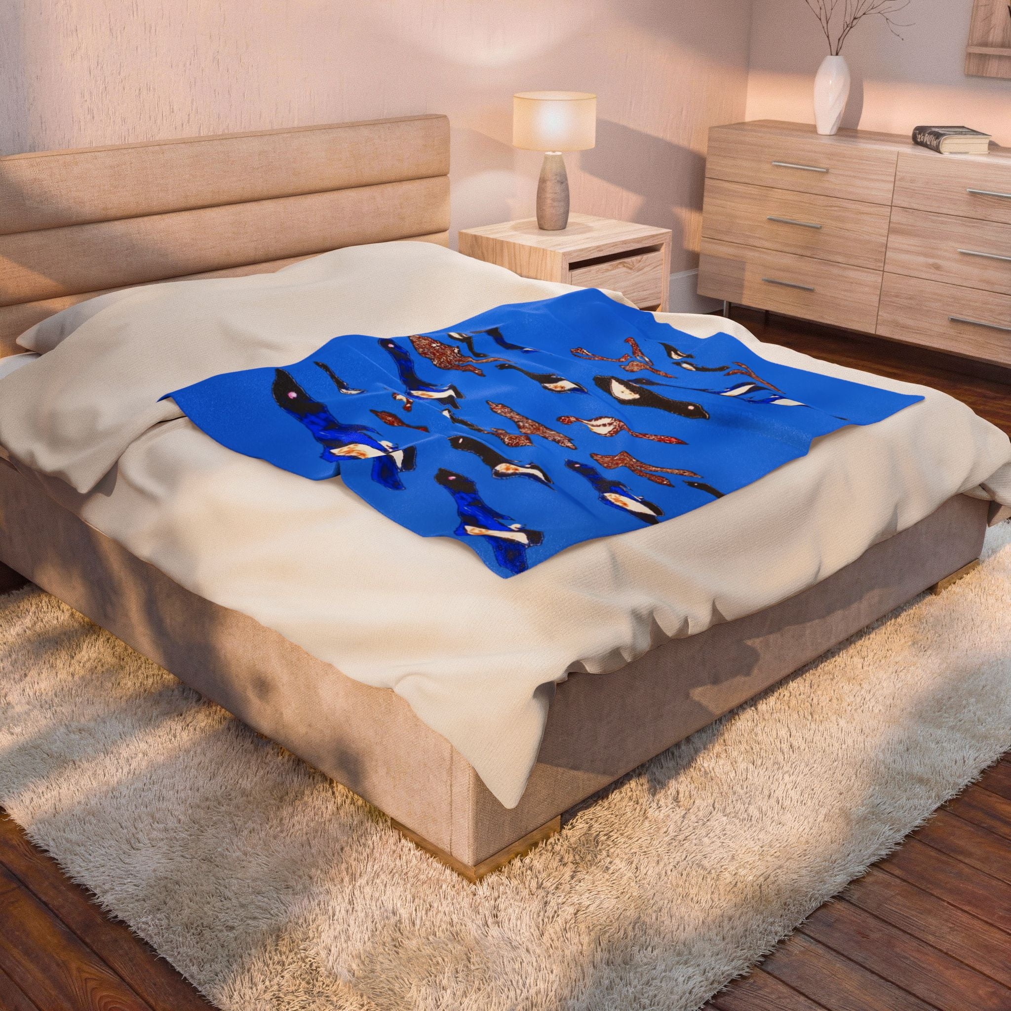 "Fly Me to the Moon" Cerulean Birdies - Flock Plush Blanket — Velveteen Throw