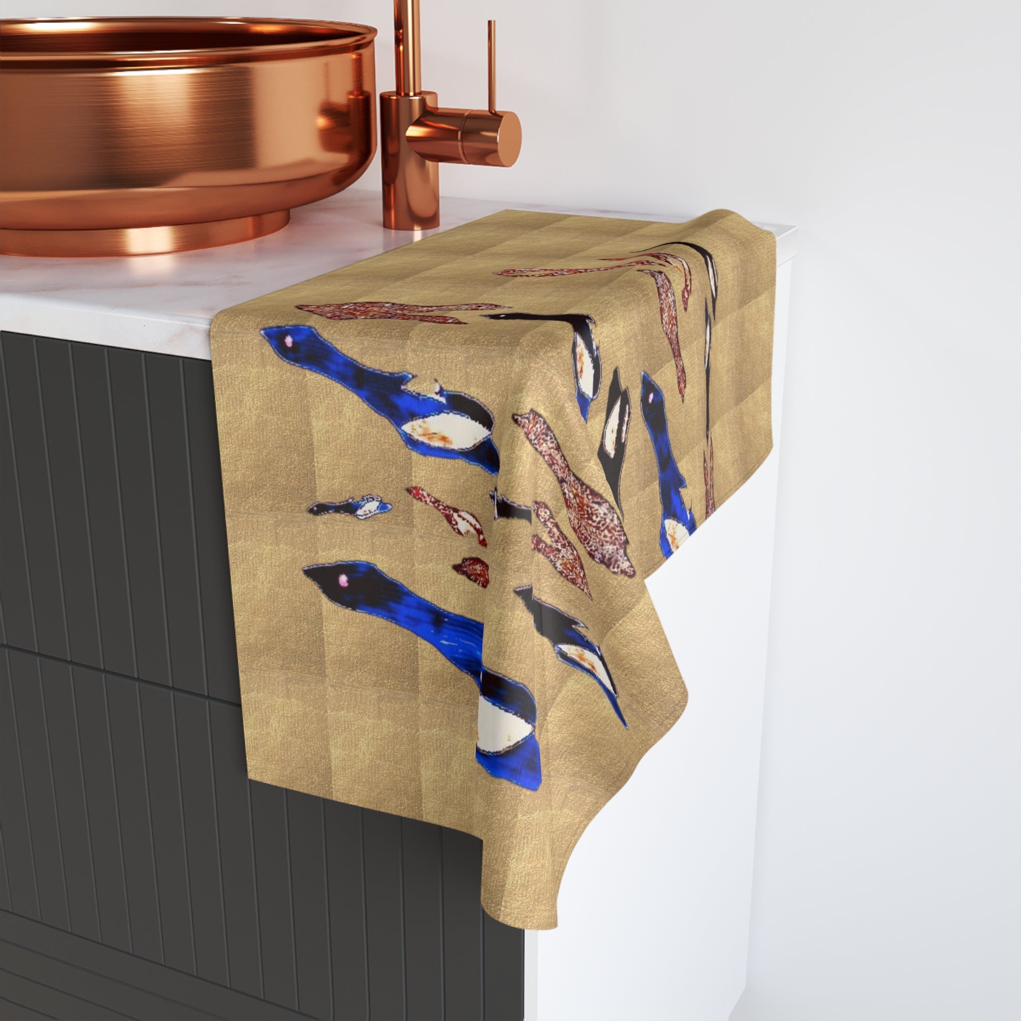 "Fly Me to the Moon" Flock Hand Towel — Blue, Gold, and Brown Waterfowl Kitchen Towel