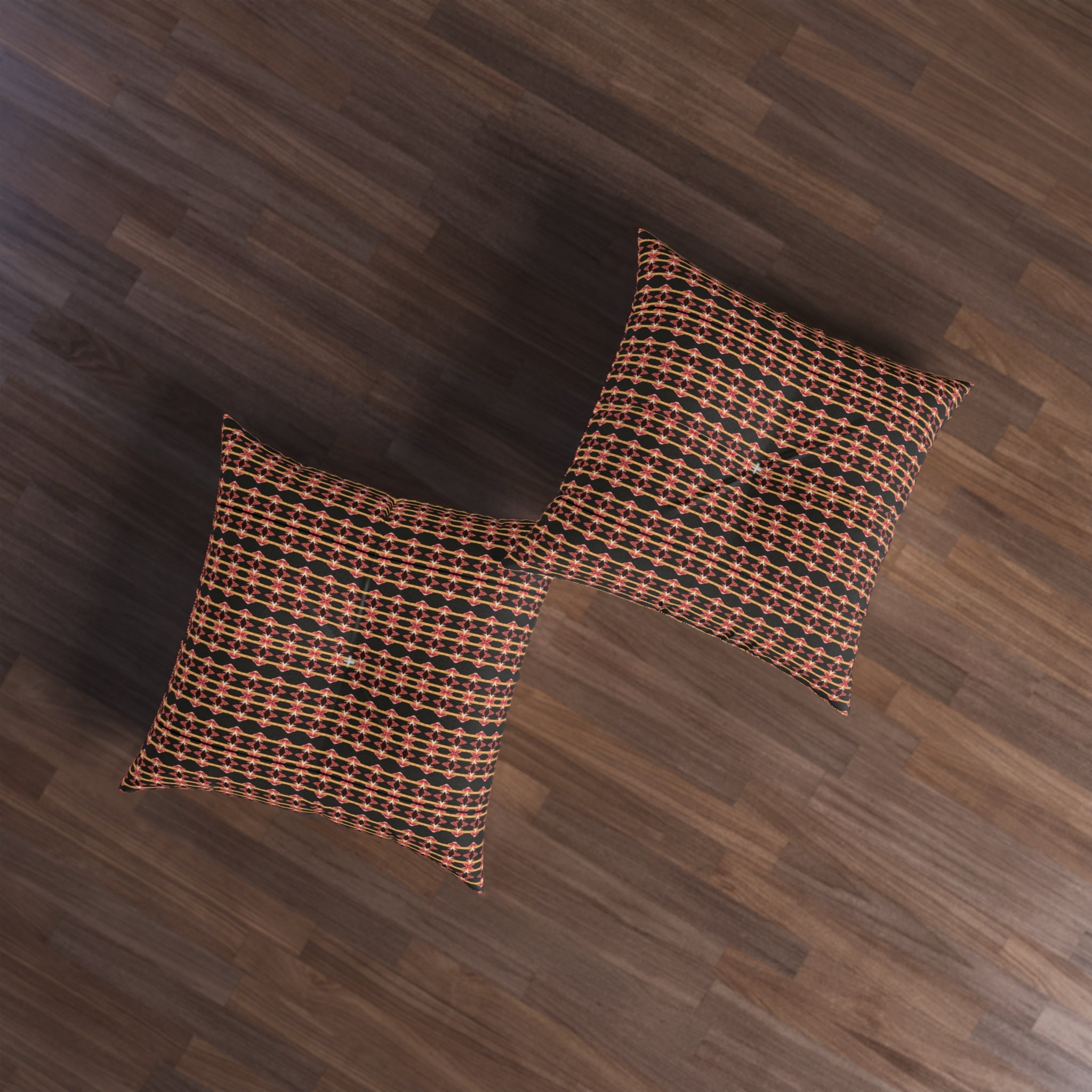"Native America Now" Boho Geometric Tufted Floor Pillow — Rust & Black Square Accent