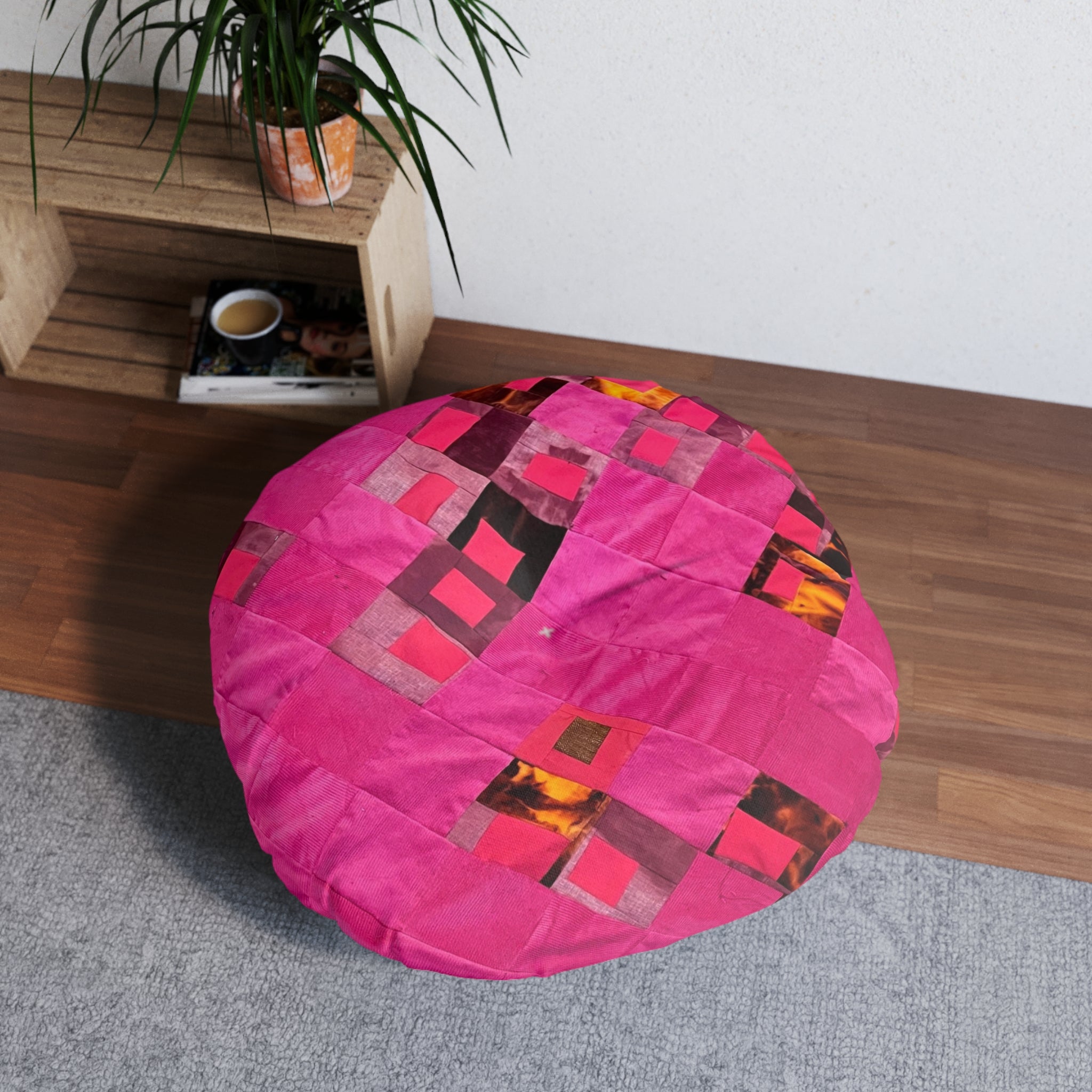 "Lela" Pink Geometric Tufted Floor Pillow — Round Patchwork Accent Cushion