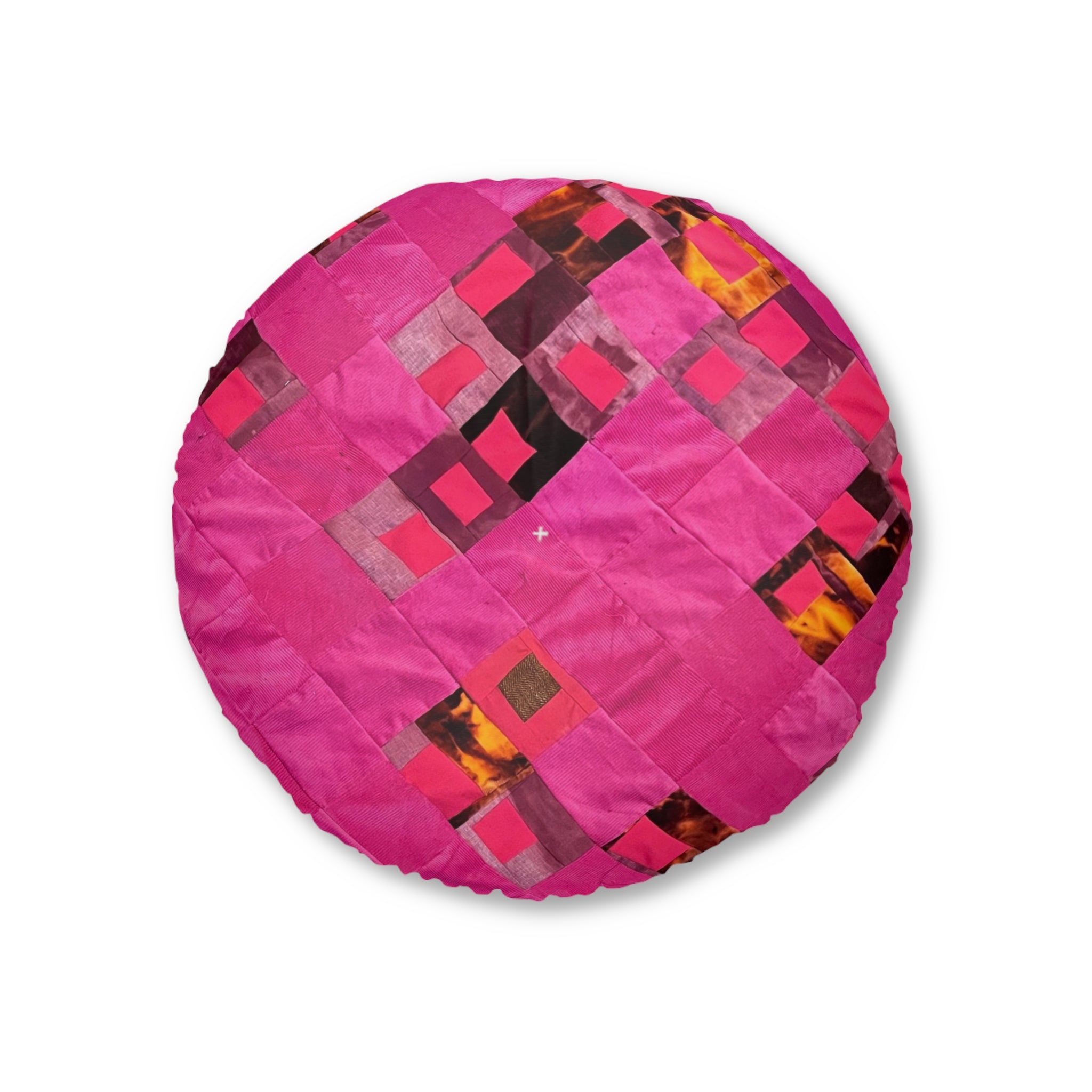 "Lela" Pink Geometric Tufted Floor Pillow — Round Patchwork Accent Cushion