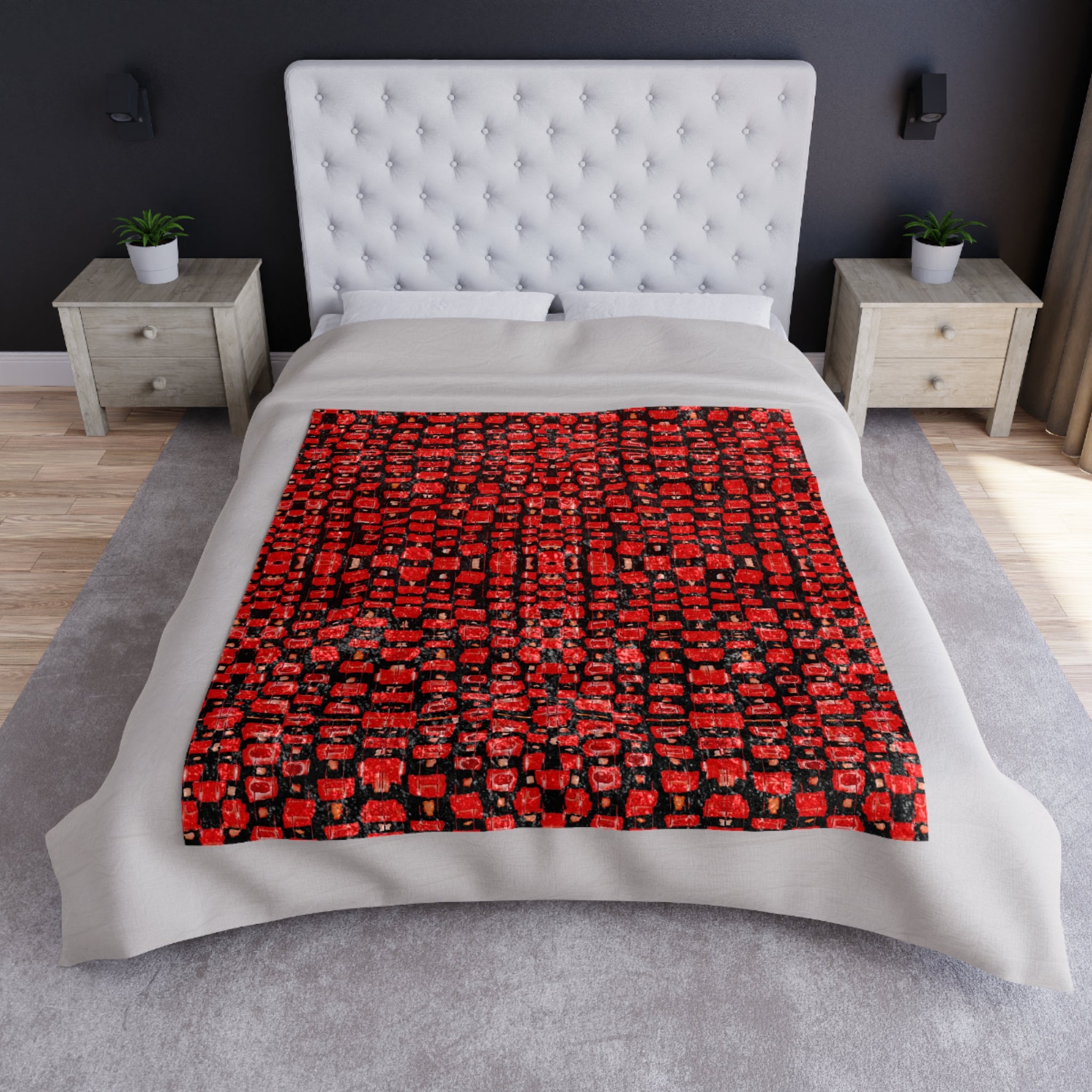 “Japanese Cherry Blossom” Red and Black, Reptile Pattern Crushed Velvet Throw Blanket — Red Mosaic Luxe Velvet Cozy Blanket