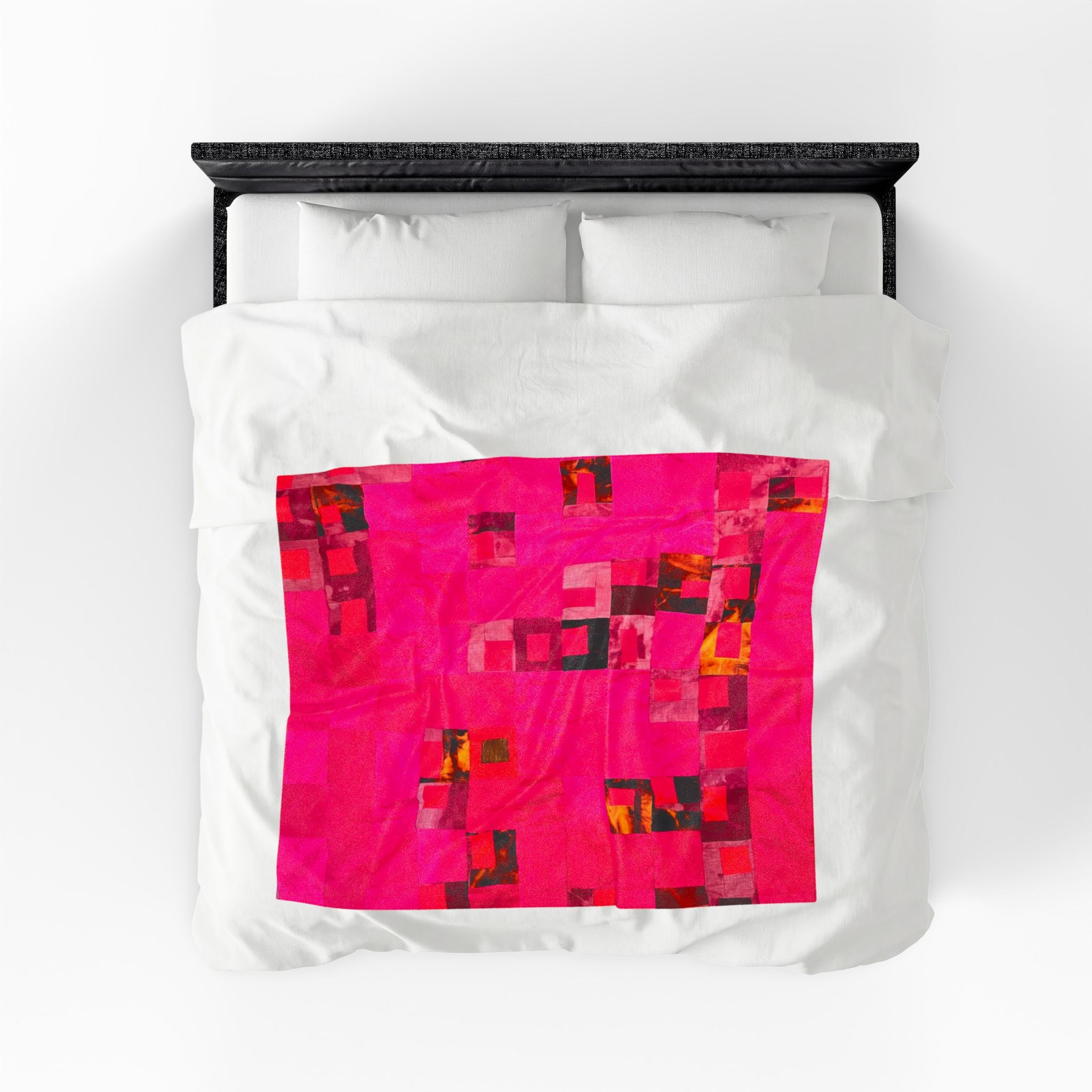 "Lela Lela" Block Quilt Pattern Plush Blanket - Vibrant Pink Abstract Patchwork Velveteen Throw