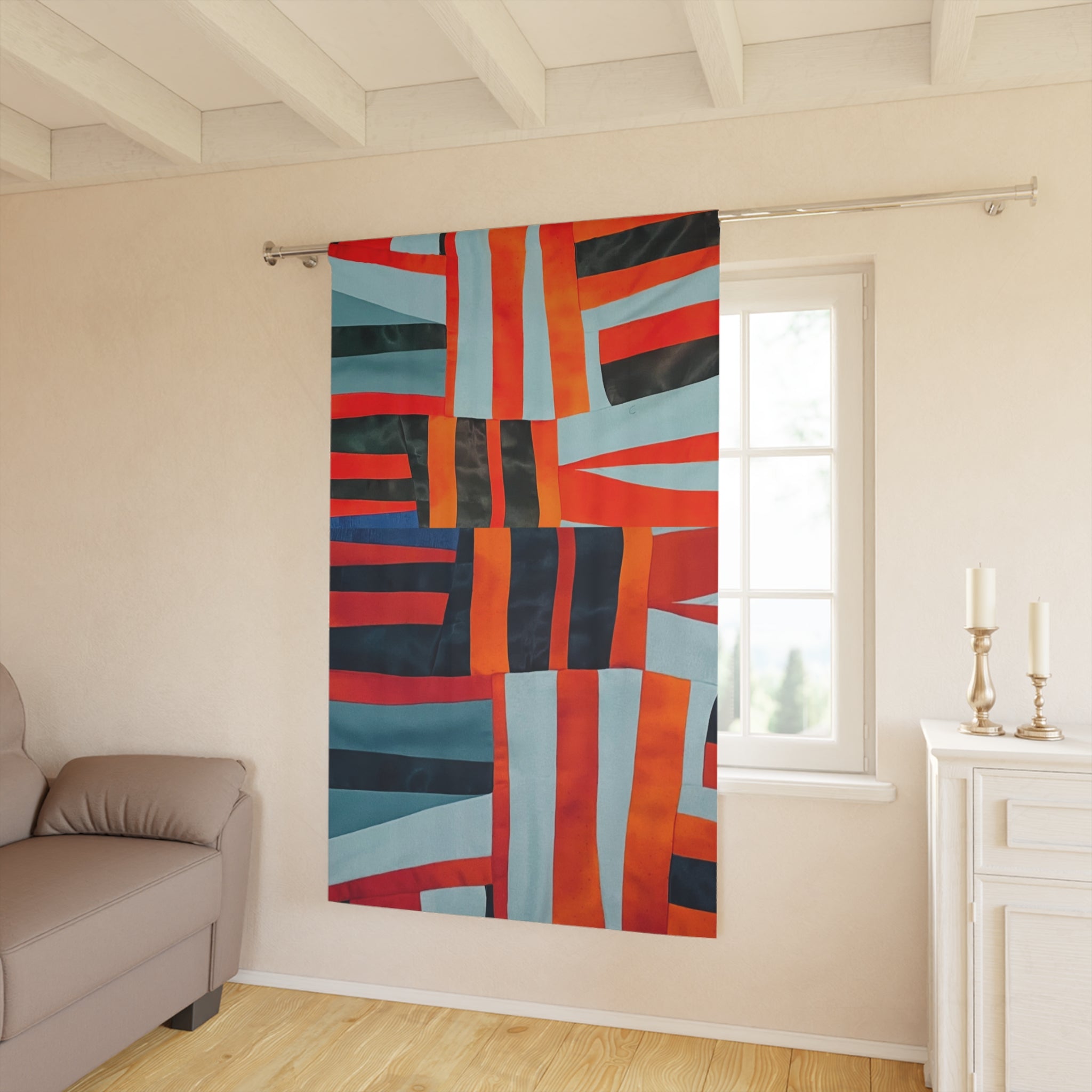 "Samuel" Blue and Orange Abstract Geometric Window Curtain — Bold Red & Teal Modern Panel