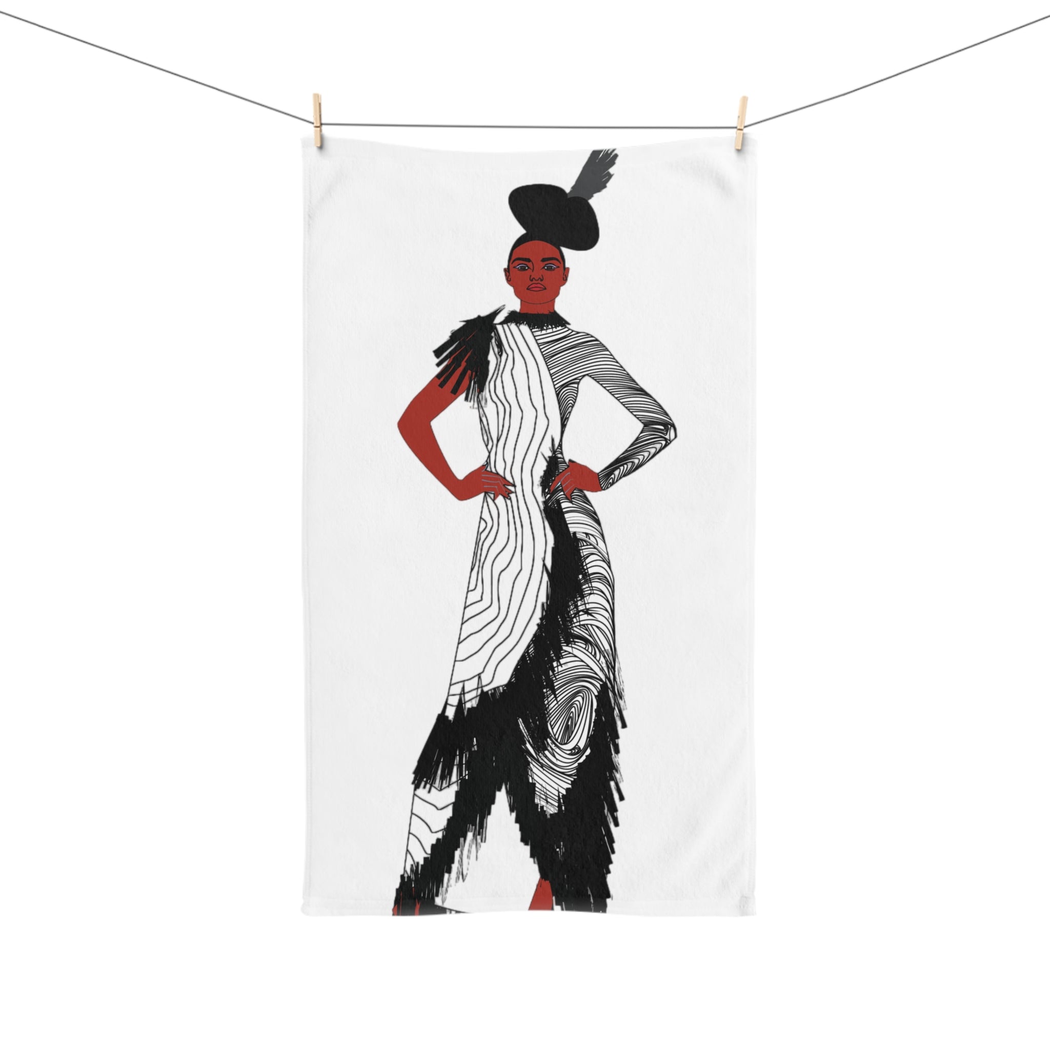 "Fierce Honey" Fashion Illustration Hand Towel – Red & Black Avant-Garde Model Design