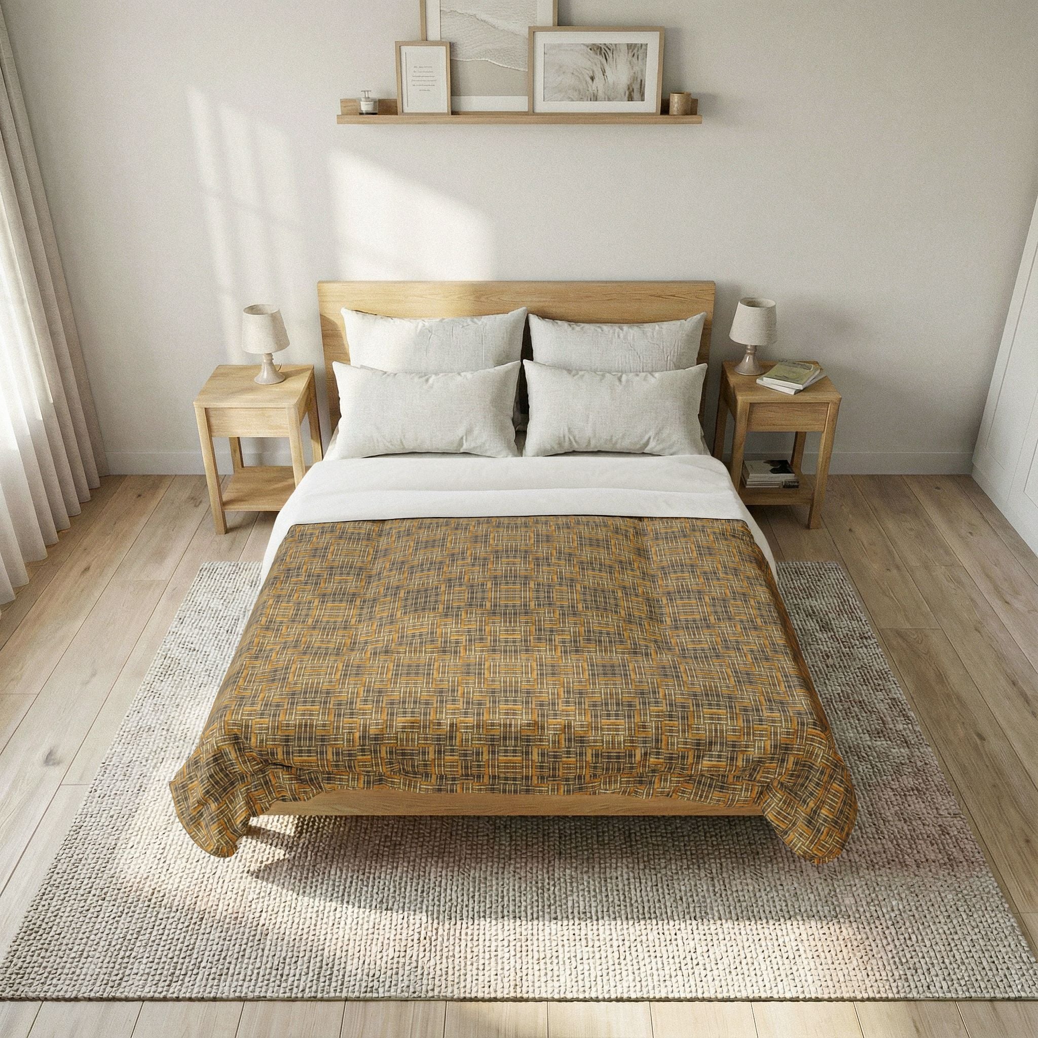 "All Things Fall Apart" Woven Plaid Cotton Comforter — Rustic Yellow-Brown Bedspread