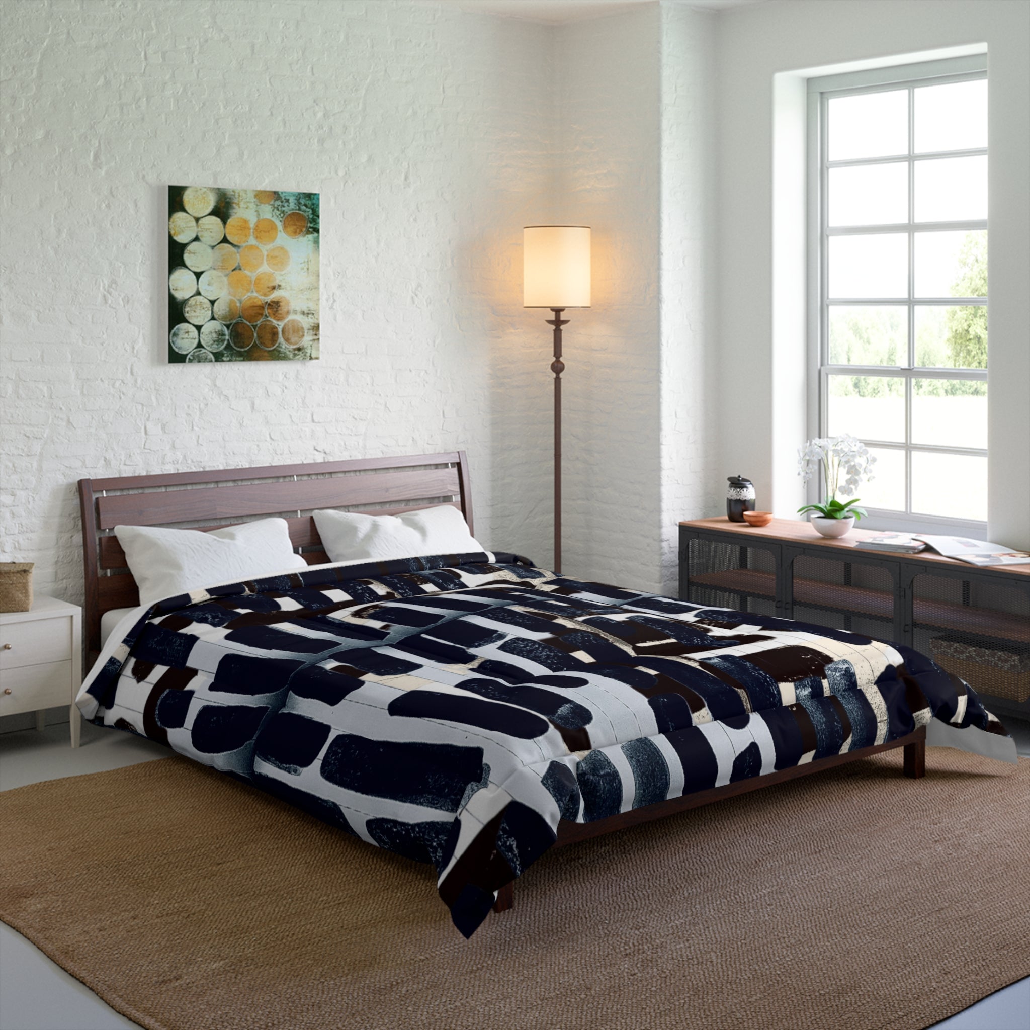 "Only My Notebook Knows How I Feel, My Heart Is On Every Page" Abstract Grid Comforter - Monochrome Brushstroke Pattern